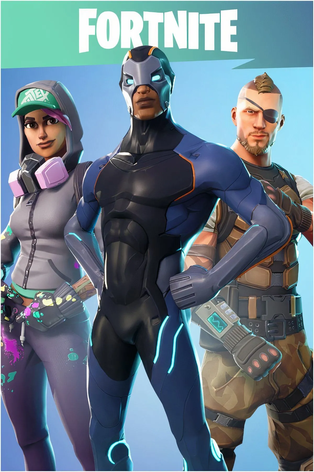 Ảnh tổng hợp từ Fortnite, thể hiện sự đa dạng của các skin nhân vật và yếu tố Battle Royale.
