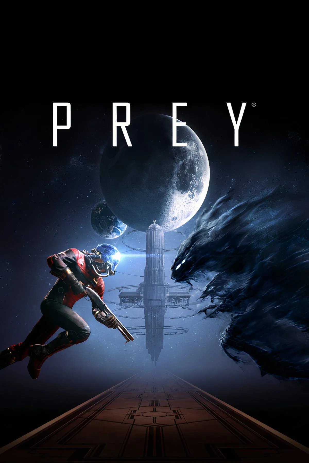 Ảnh tổng hợp từ Prey (2017), thể hiện bối cảnh tàu vũ trụ Talos I và sinh vật Typhon.
