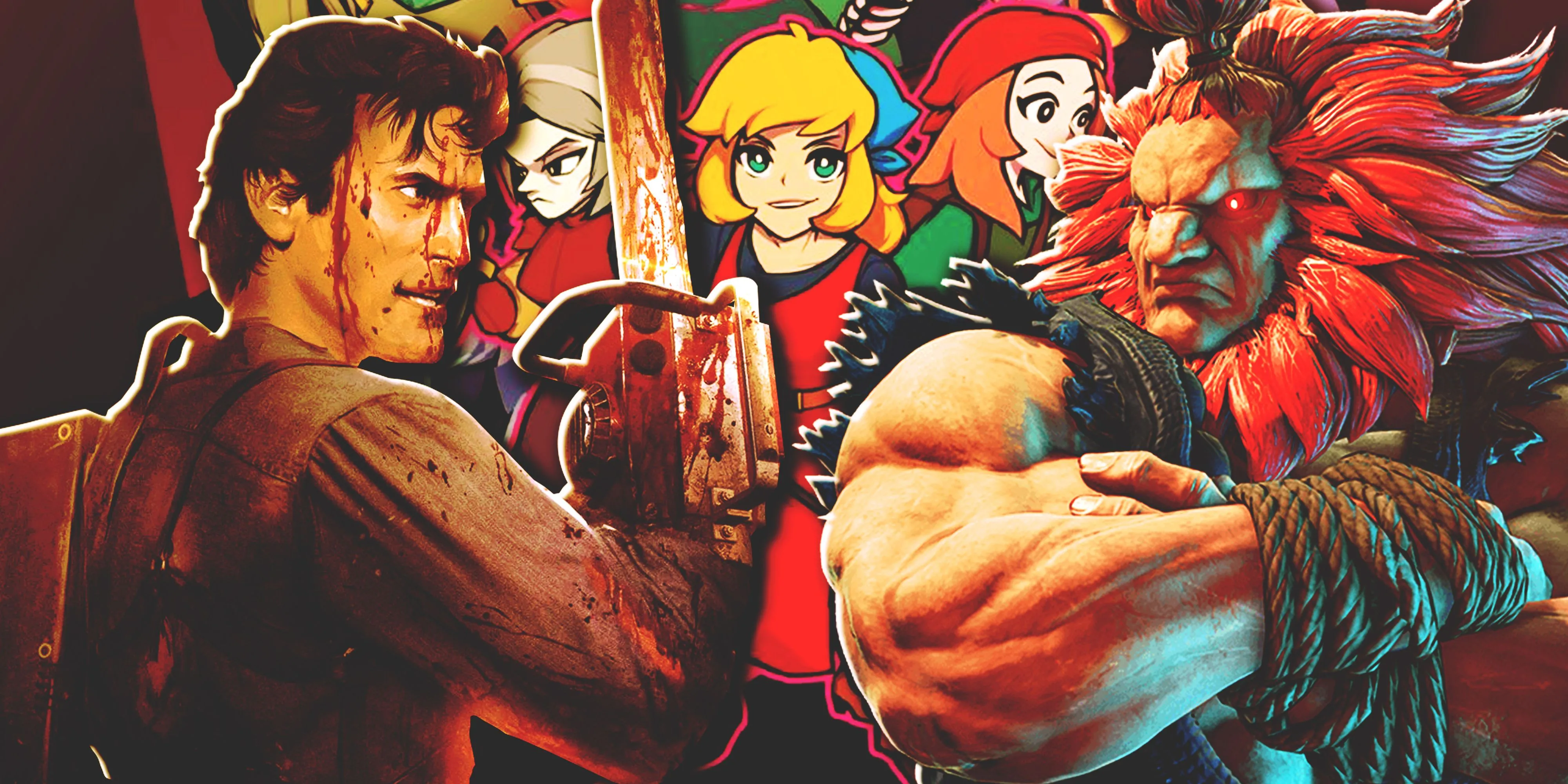 Ash Williams và Akuma trên nền poster Crypt of The NecroDancer minh họa các thử thách game