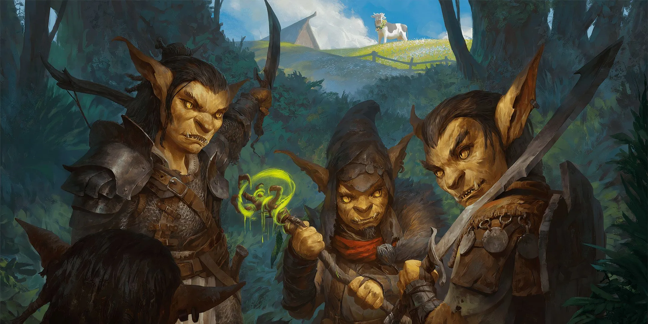 Ba con goblin đang ẩn nấp trong bóng tối, sẵn sàng cho một cuộc đối đầu đầu tiên trong Dungeons &amp; Dragons.