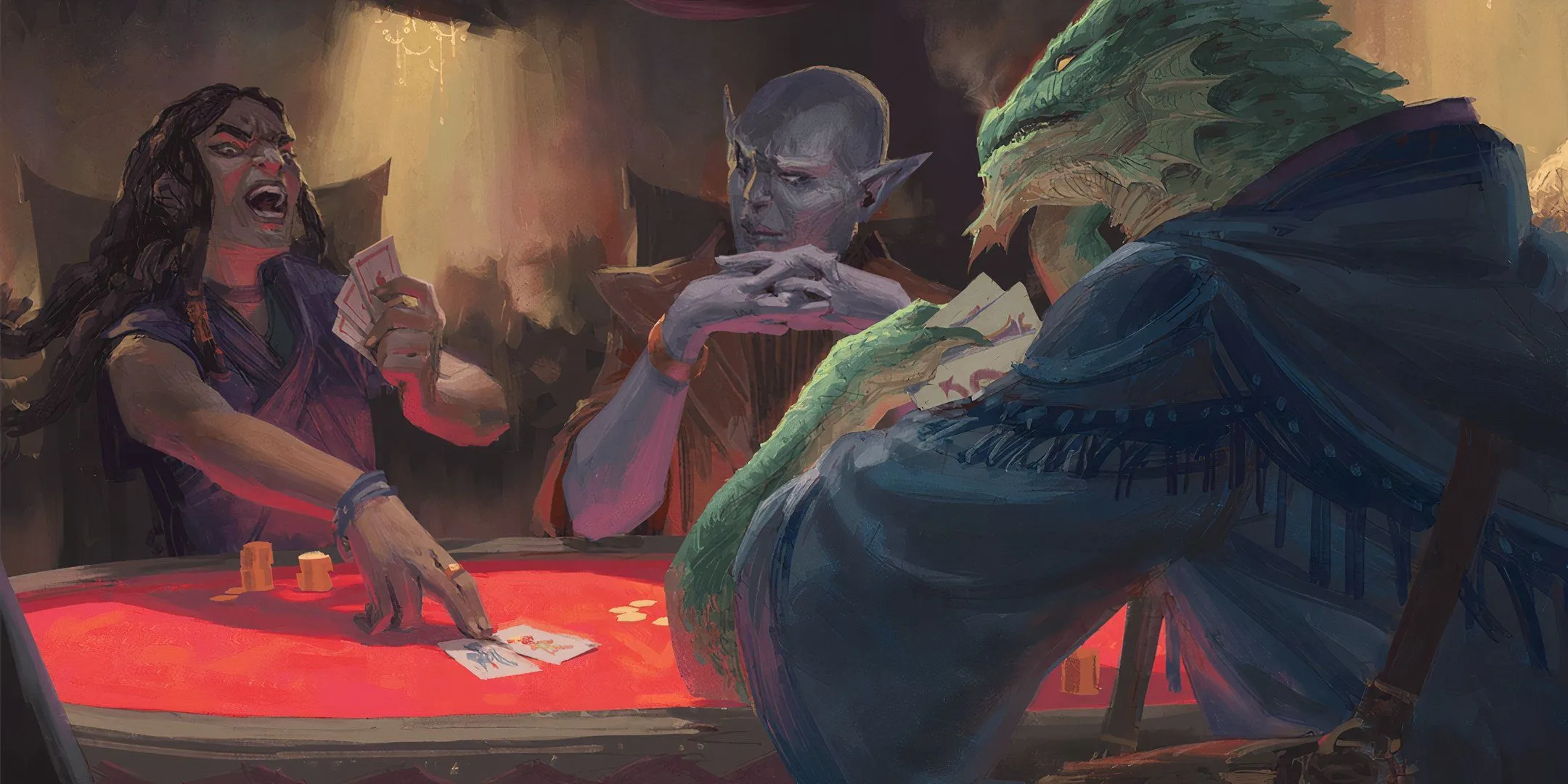 Ba người chơi đang chơi bài Three-Dragon Ante trong Dungeons &amp; Dragons, khuyến khích nhập vai tự nhiên.