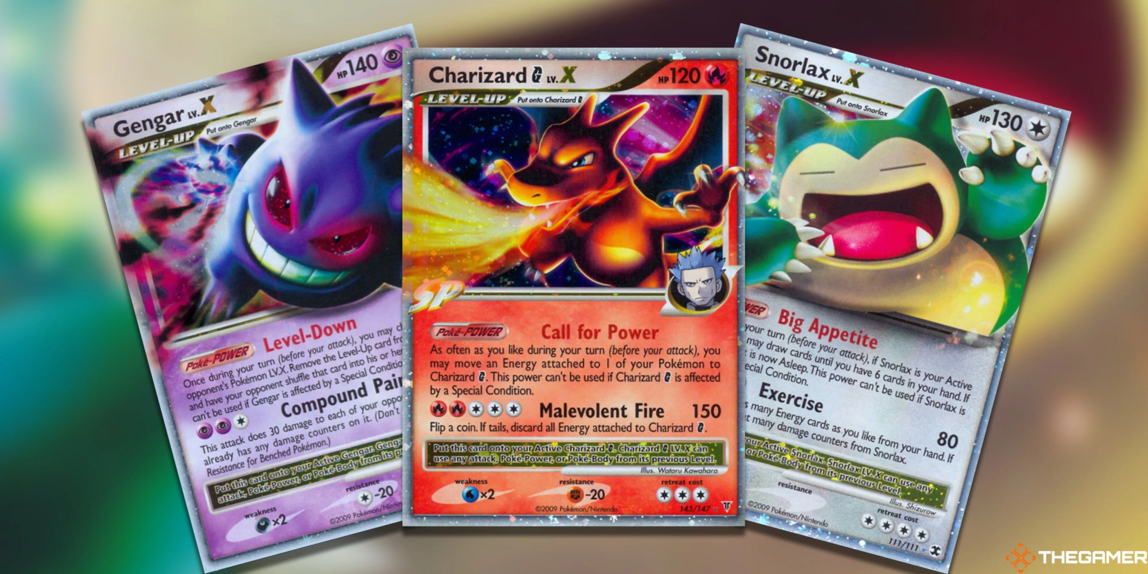 Ba thẻ bài Pokemon TCG LV.X giá trị gồm Gengar, Charizard G và Snorlax, biểu tượng của bộ sưu tập hiếm.