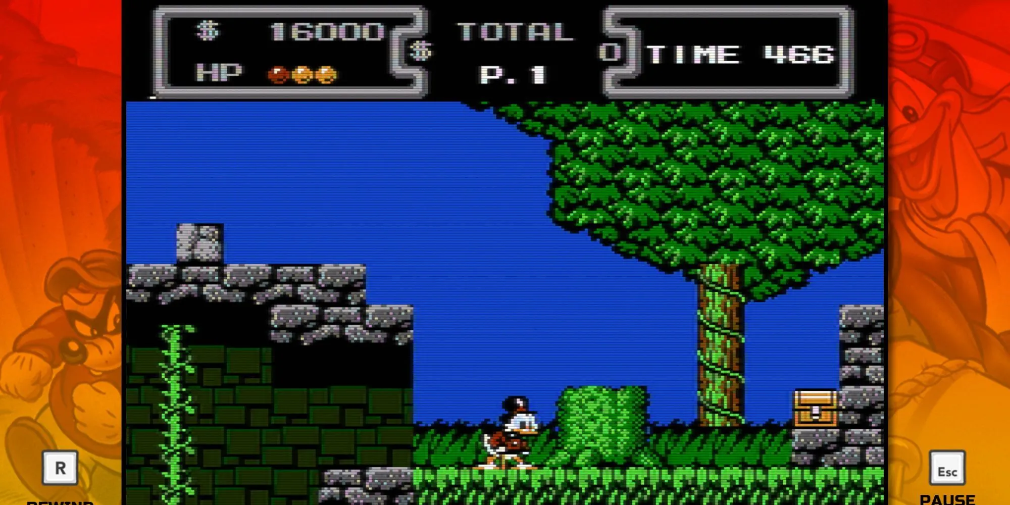 Bác Scrooge McDuck nhảy bằng gậy trong game DuckTales của Capcom, game platformer NES kinh điển.