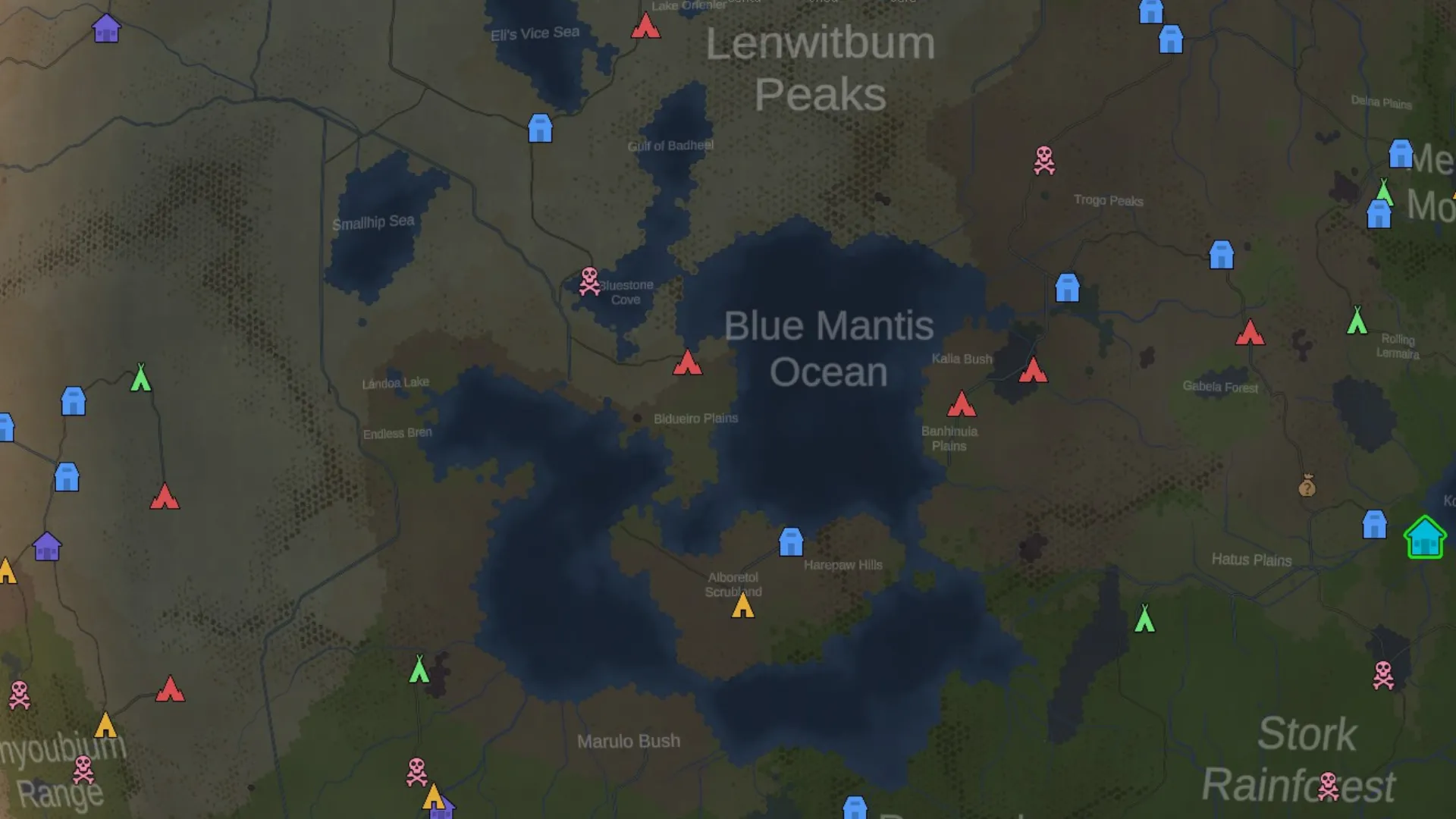 Bản đồ thế giới RimWorld Odyssey với các khu vực nước tiềm năng, cho phép người chơi định vị và lên kế hoạch xây dựng các điểm câu cá chiến lược nhằm mở rộng chuỗi cung ứng thực phẩm.