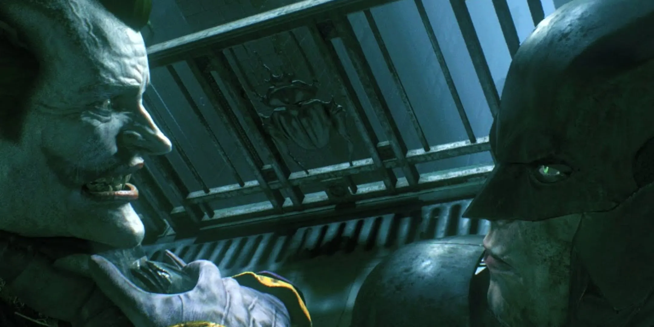 Batman kiểm soát Joker trong trận đấu tâm lý cuối Batman: Arkham Knight, thể hiện sức mạnh tinh thần của Người Dơi.
