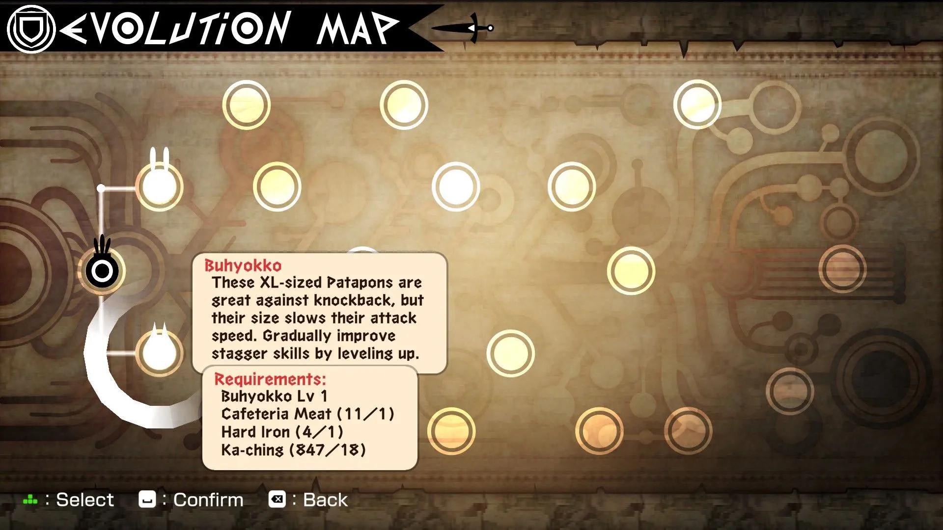 Biểu đồ tiến hóa Evolution Map trong Patapon 2 Replay, cho phép tùy chỉnh và nâng cấp Rarepons