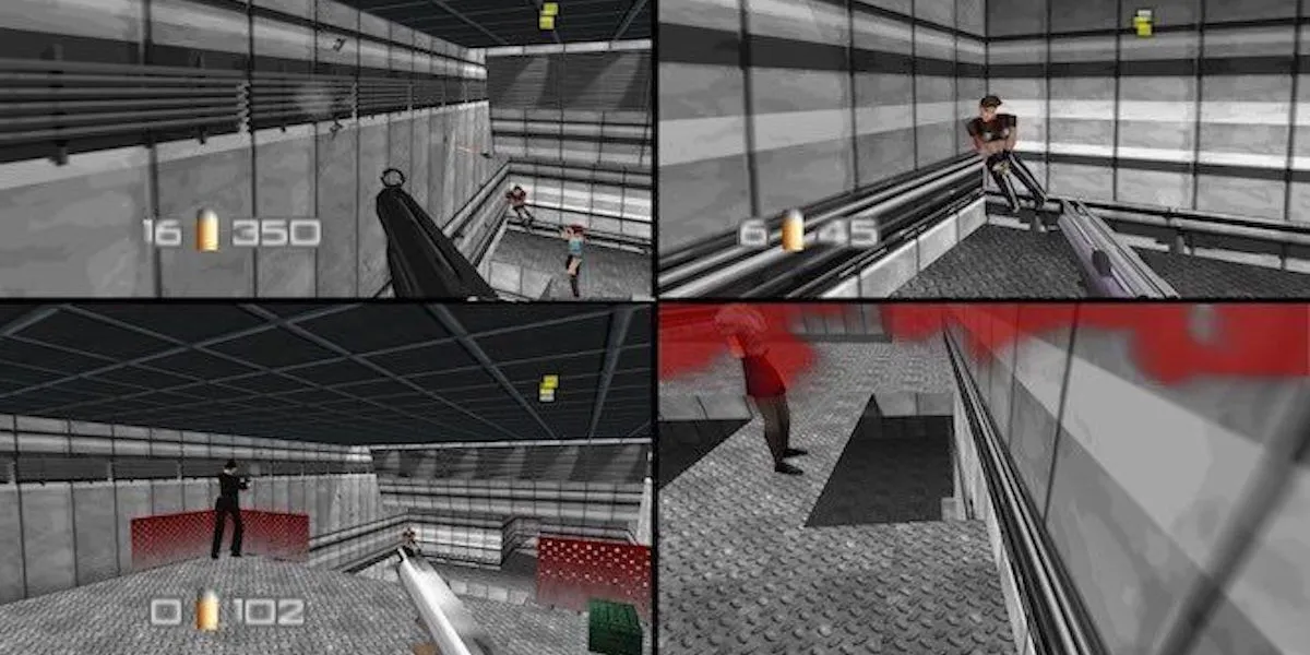 Bốn người chơi đang chơi Goldeneye 007 trên màn hình chia đôi, gợi nhắc về vấn nạn &quot;quay lén màn hình&quot; trong game nhiều người.