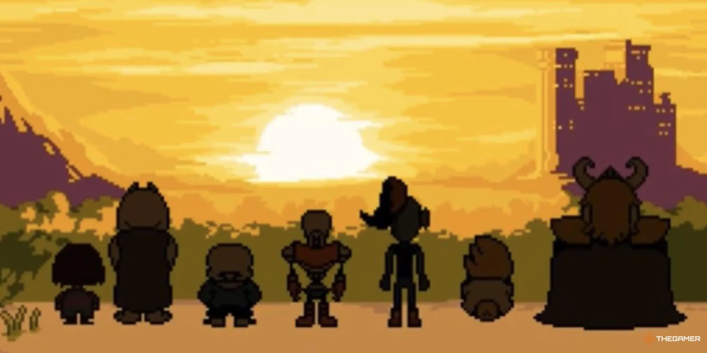 Các nhân vật chính Frisk, Toriel, Sans, Papyrus, Undyne, Alphys và Asgore ngắm hoàng hôn cuối game Undertale, biểu tượng cho trải nghiệm sâu sắc.