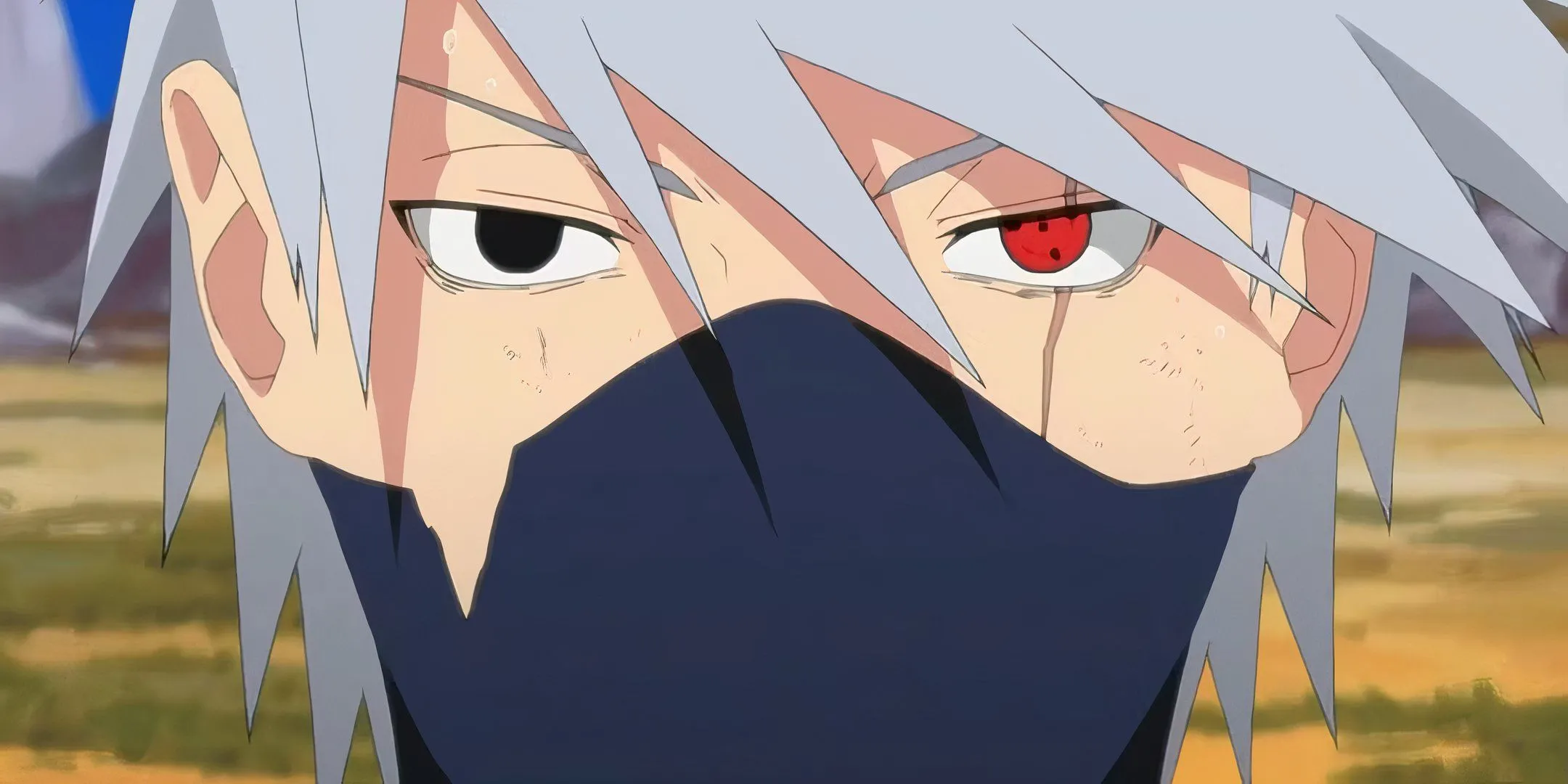 Cận cảnh khuôn mặt của Kakashi Hatake từ Naruto, với Sharingan được che khuất.