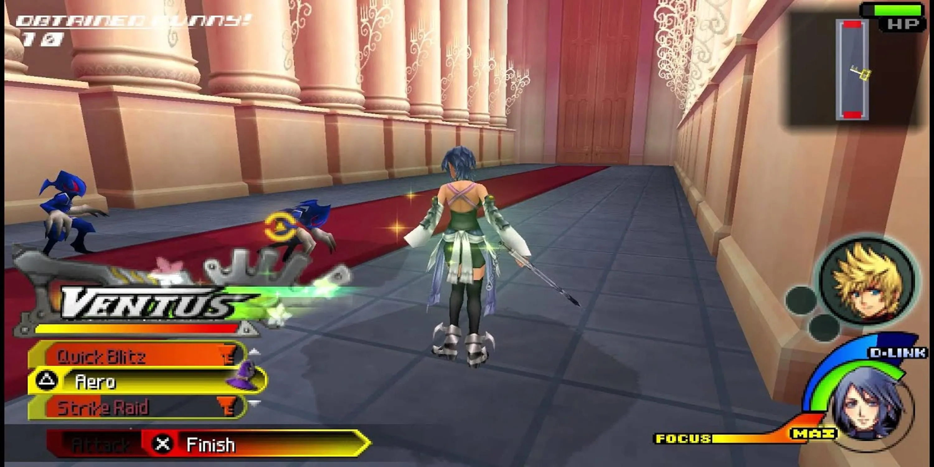 Cảnh Aqua chiến đấu trong Kingdom Hearts Birth by Sleep, minh họa hệ thống chiến đấu năng động trên PSP