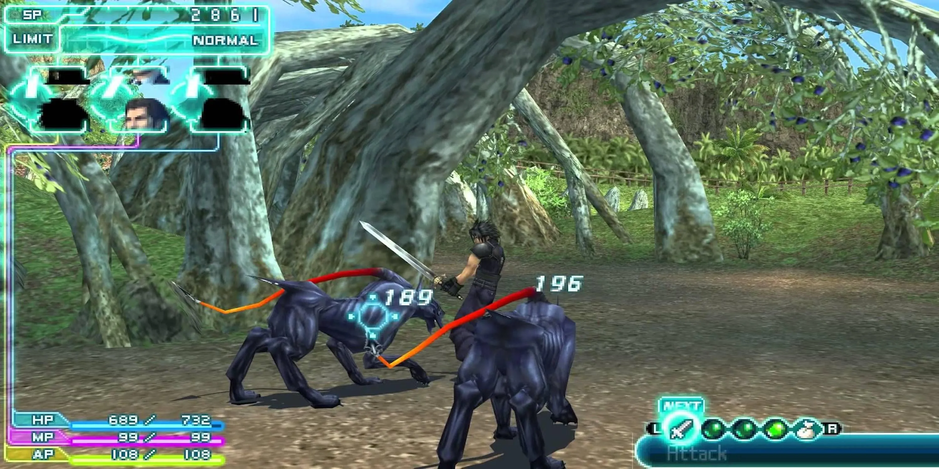 Cảnh chiến đấu kịch tính với kẻ thù giống chó trong Crisis Core Final Fantasy VII trên PSP, cho thấy chất lượng đồ họa đáng nể