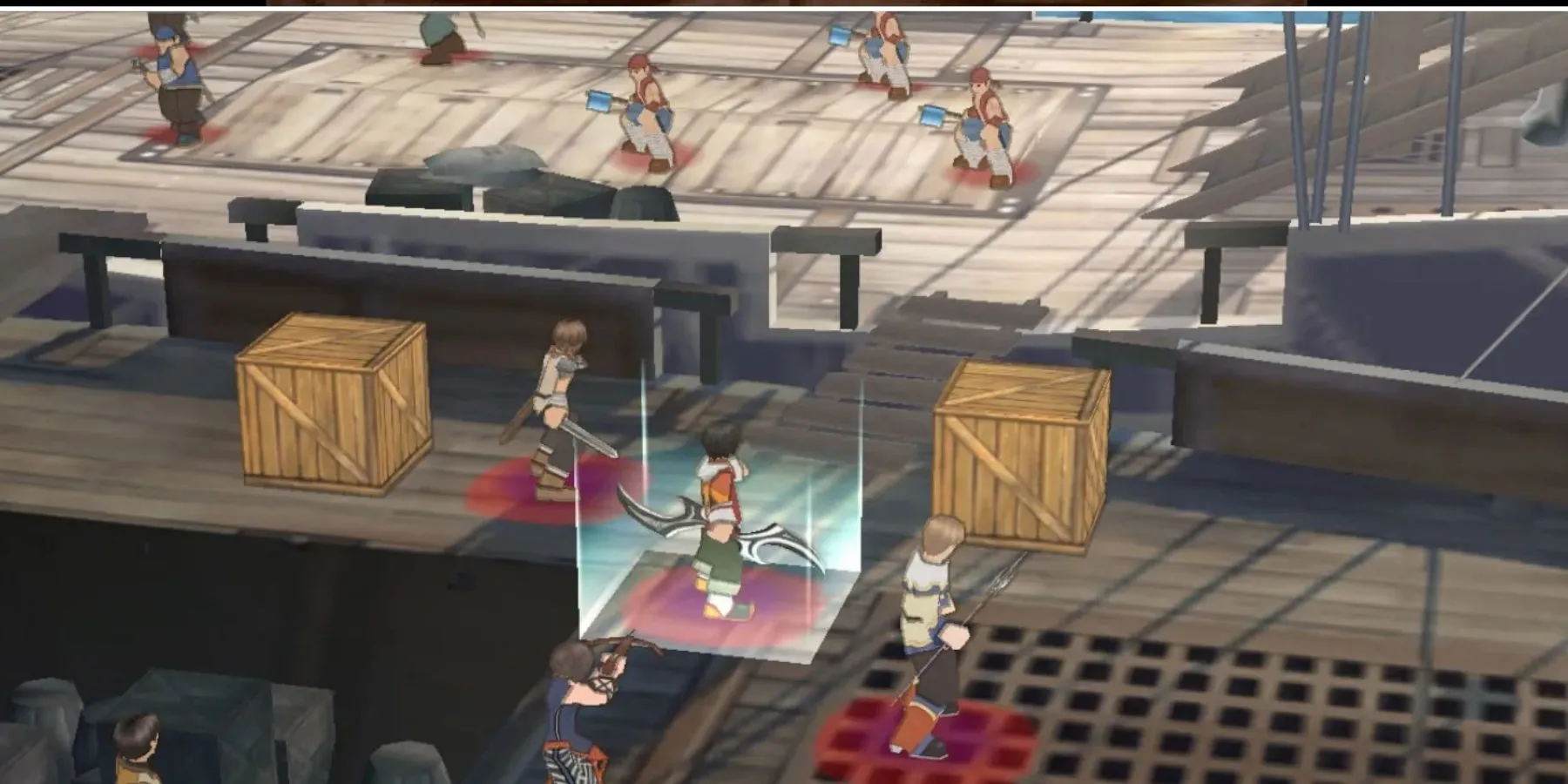 Cảnh chiến đấu trong game Suikoden Tactics với đồ họa isometric