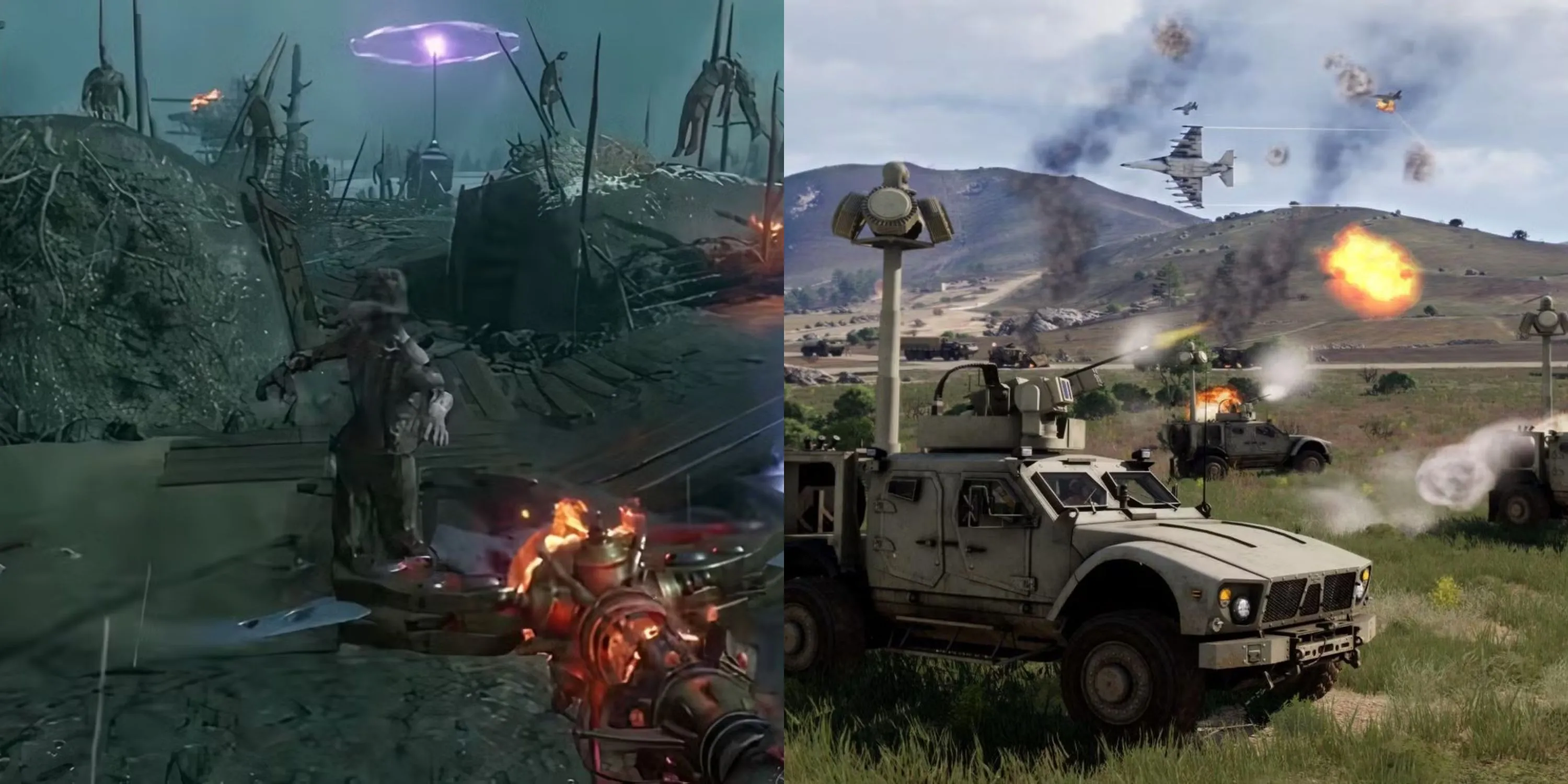 Cảnh chiến trường khốc liệt trong Call of Duty Black Ops 2 và ARMA 3, thể hiện sự đa dạng của game FPS quân sự