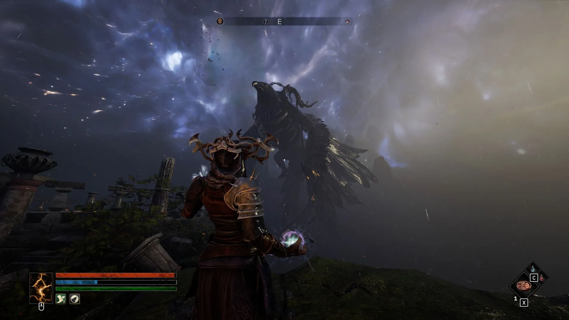Cảnh gameplay Tainted Grail The Fall of Avalon với góc nhìn thứ nhất, thể hiện môi trường giả tưởng u tối