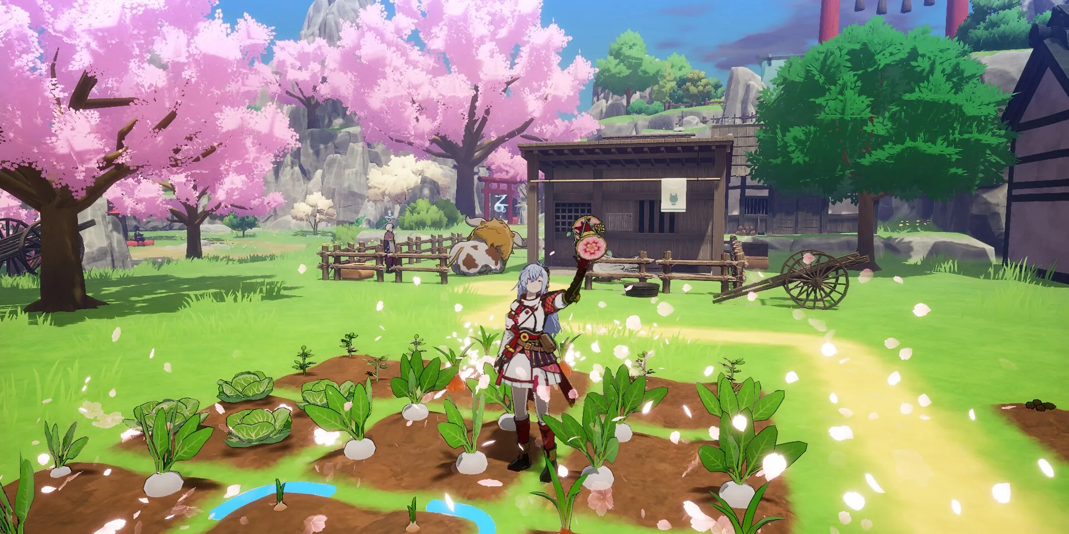 Cảnh người chơi chăm sóc cây trồng trên cánh đồng xanh tươi trong Rune Factory Guardians of Azuma, thể hiện khía cạnh nông trại cốt lõi