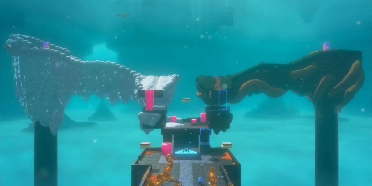 Cảnh The Divide trong Donkey Kong Bananza, nơi game thủ phải lựa chọn con đường chiến lược