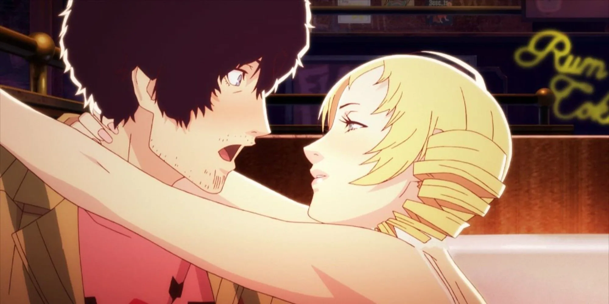 Catherine và Vincent tại quán bar trong game Catherine: Full Body, khung cảnh quen thuộc của mối tình tay ba