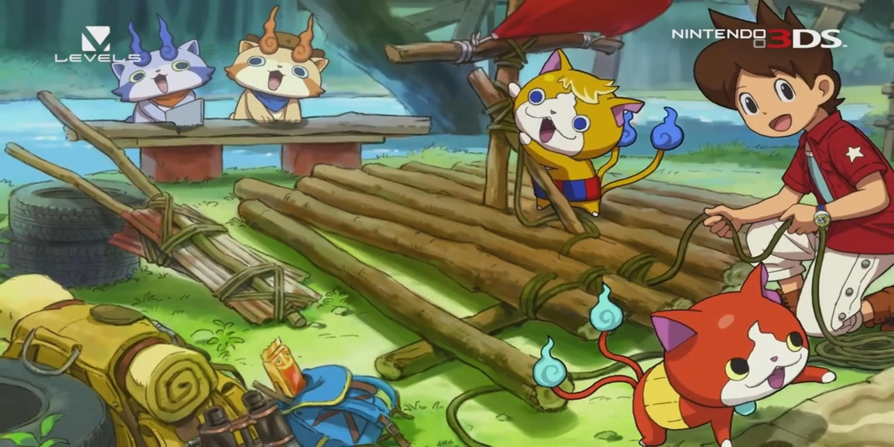 Cậu bé đang xây bè cùng những chú mèo con trong game Yo-kai Watch 3, thể hiện sự dễ thương và các hoạt động đa dạng của game