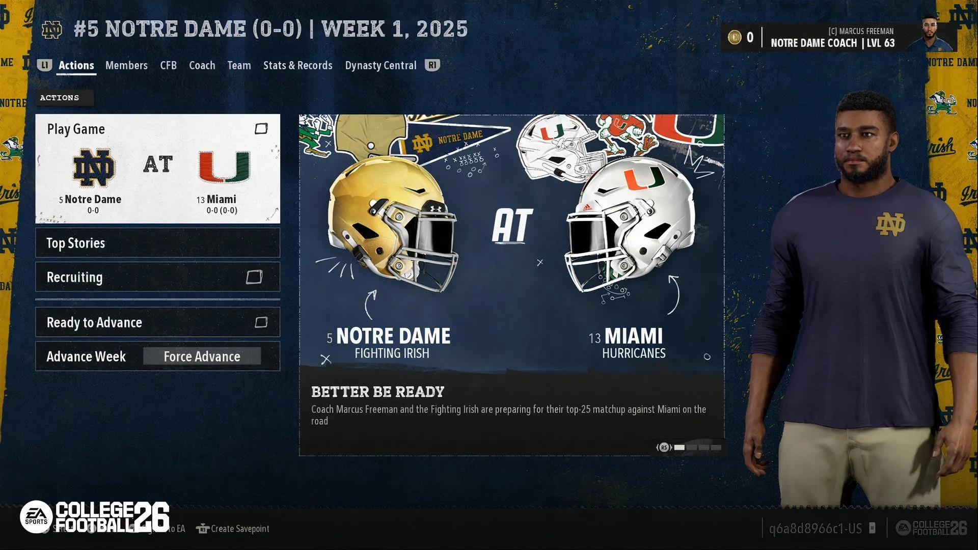 Cầu thủ Marcus Freeman trong một cảnh cắt từ College Football 26, nổi bật với sự chi tiết về thiết kế nhân vật