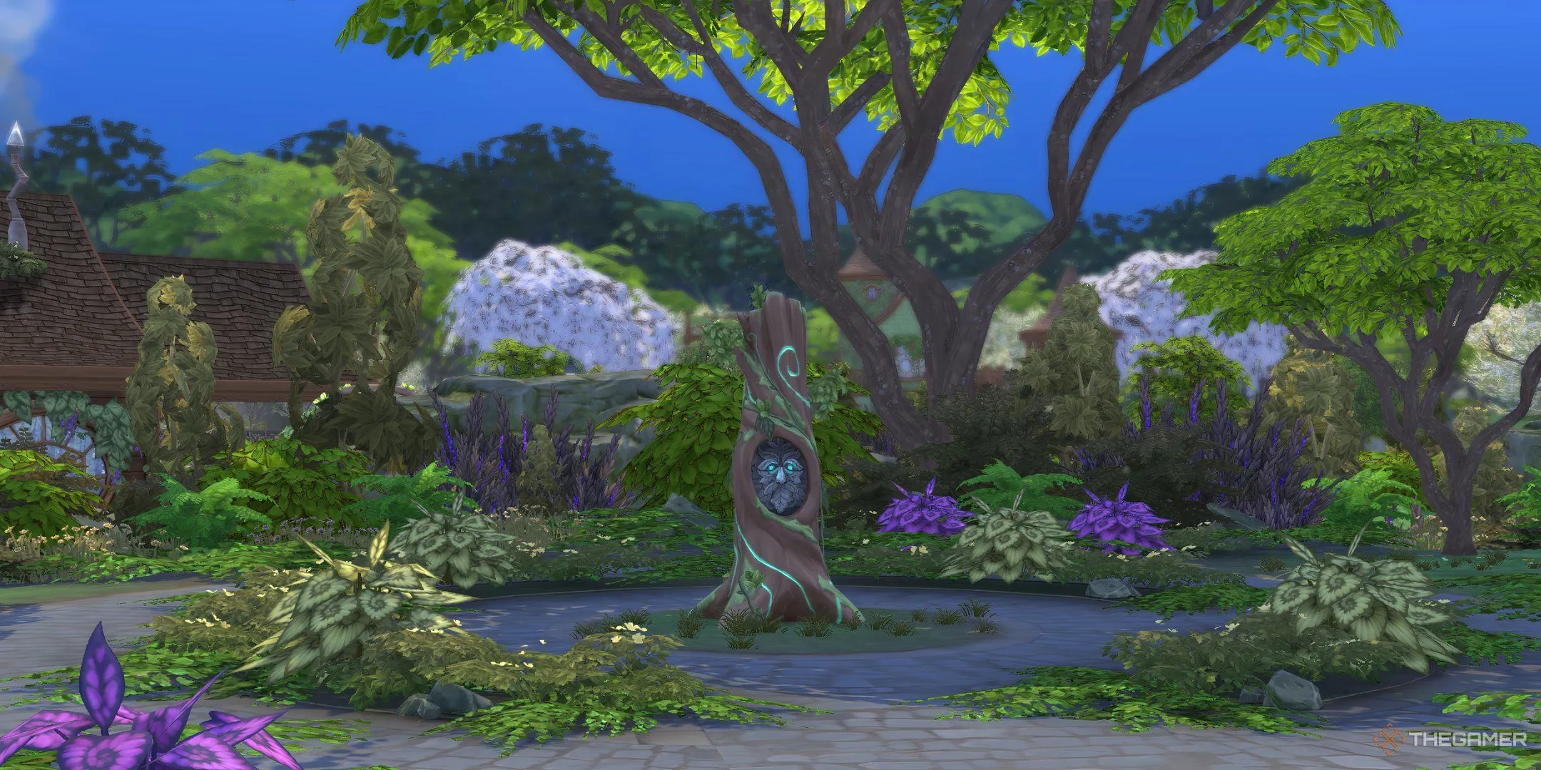 Cây Glasswood Tree thần bí giữa vòng đá cổ kính tại khu Sprucederry Grove, The Sims 4 Enchanted By Nature.