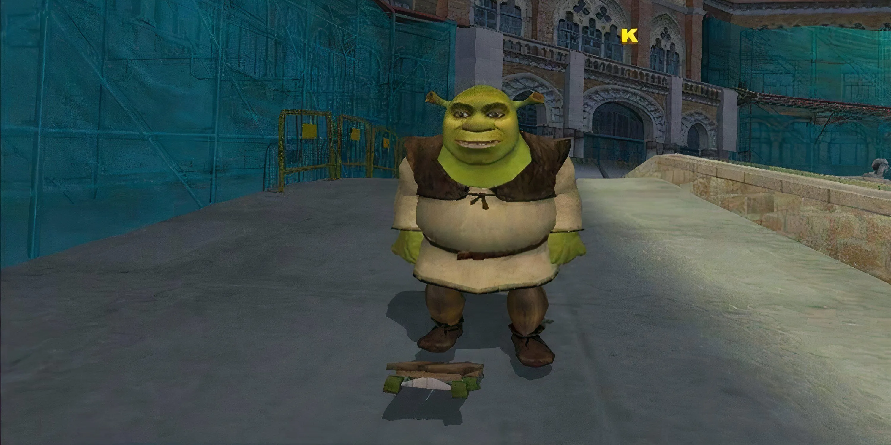 Chàng chằn tinh Shrek đứng trên ván trượt, sẵn sàng biểu diễn trong Tony Hawk's Underground 2