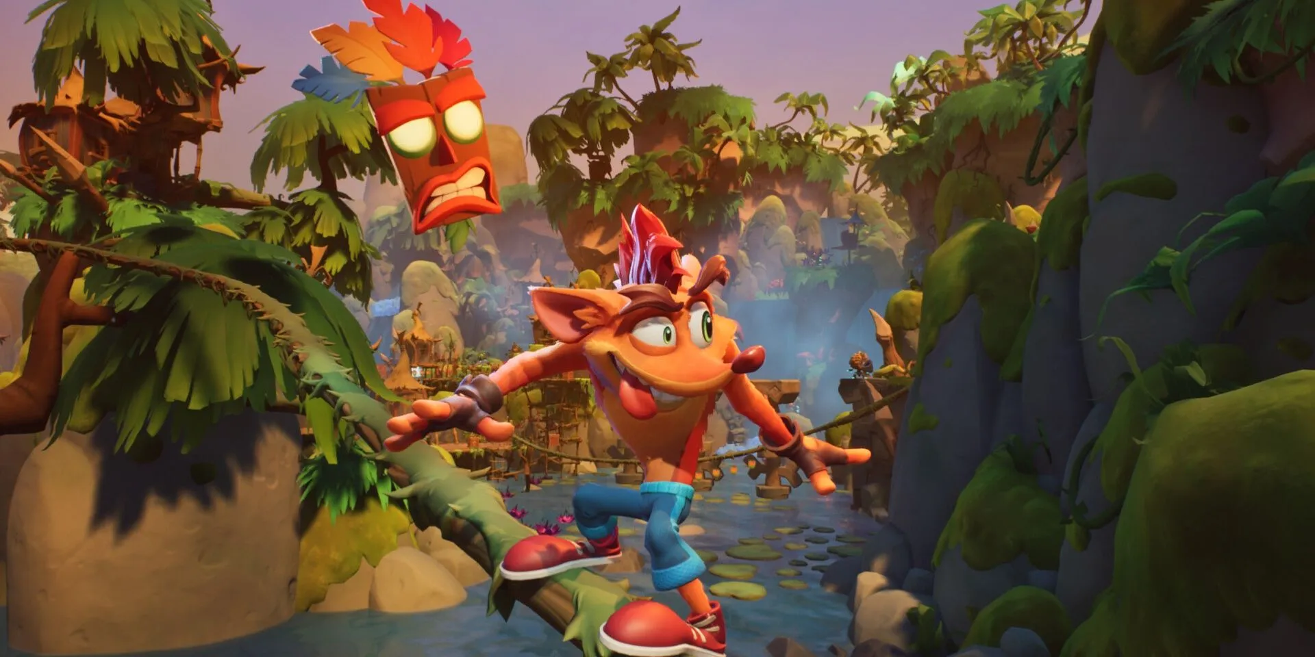 Crash đang trượt trên dây leo trong Crash Bandicoot 4