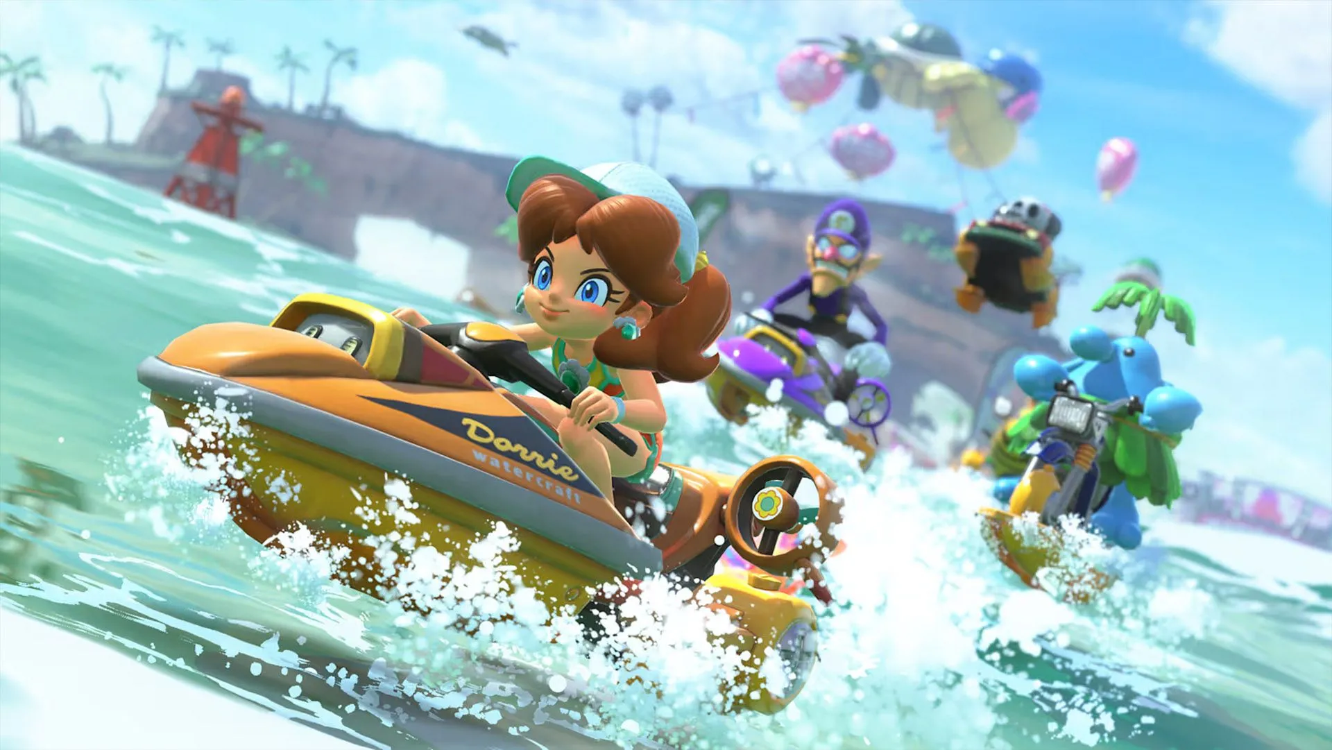 Daisy cưỡi mô tô nước trong chế độ đua kịch tính của Mario Kart World