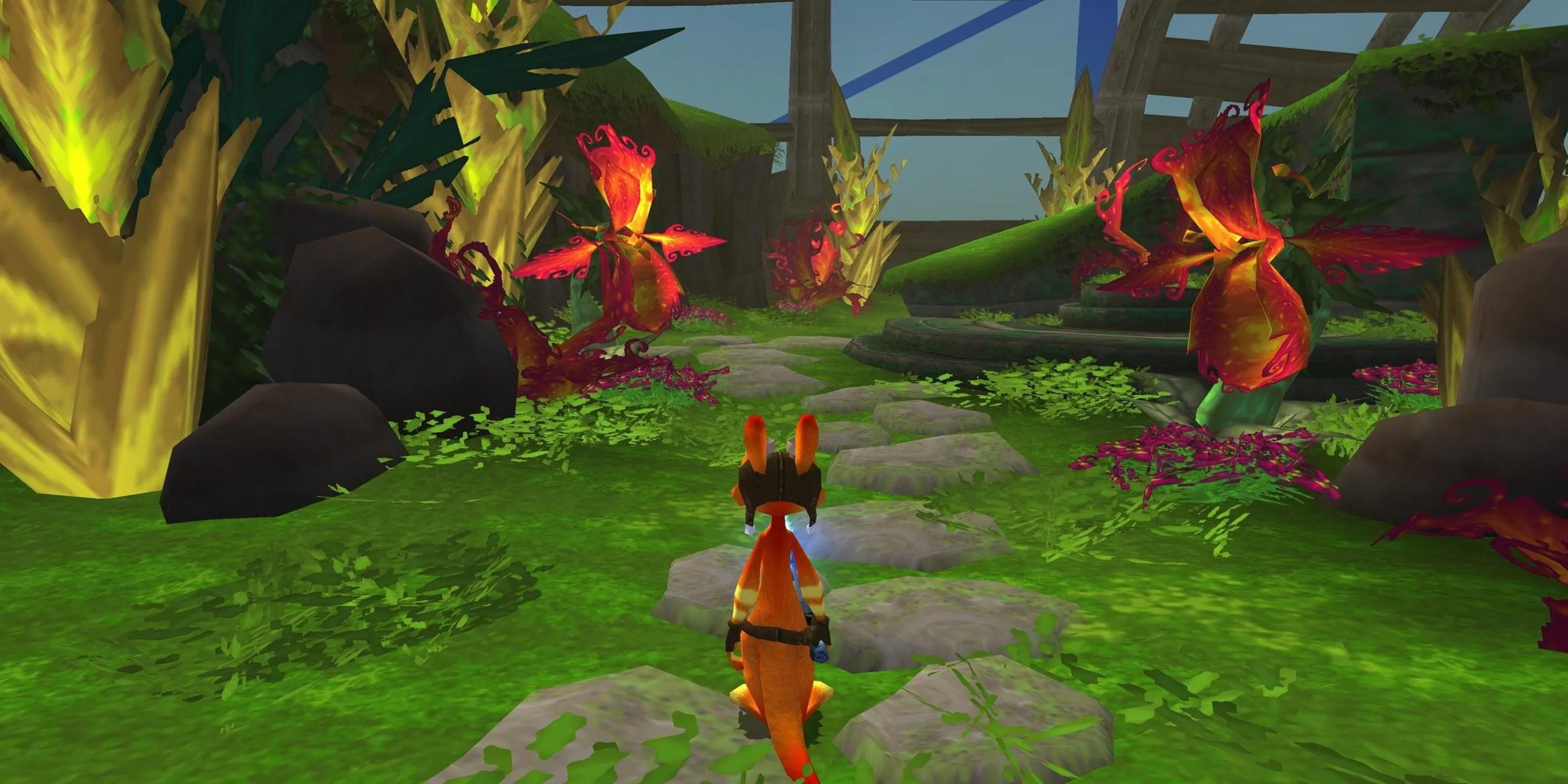 Daxter đứng trên con đường đá bao quanh bởi thực vật trong game Daxter, một ví dụ về đồ họa xuất sắc trên PSP