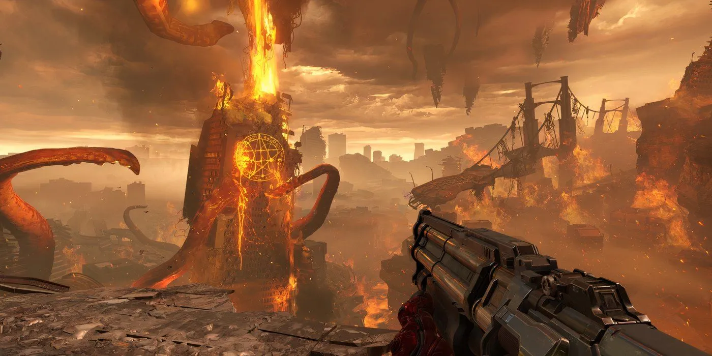 Doom Slayer đối mặt với cảnh tượng Trái Đất bị tàn phá bởi binh đoàn địa ngục trong DOOM Eternal, thể hiện quy mô của cuộc chiến