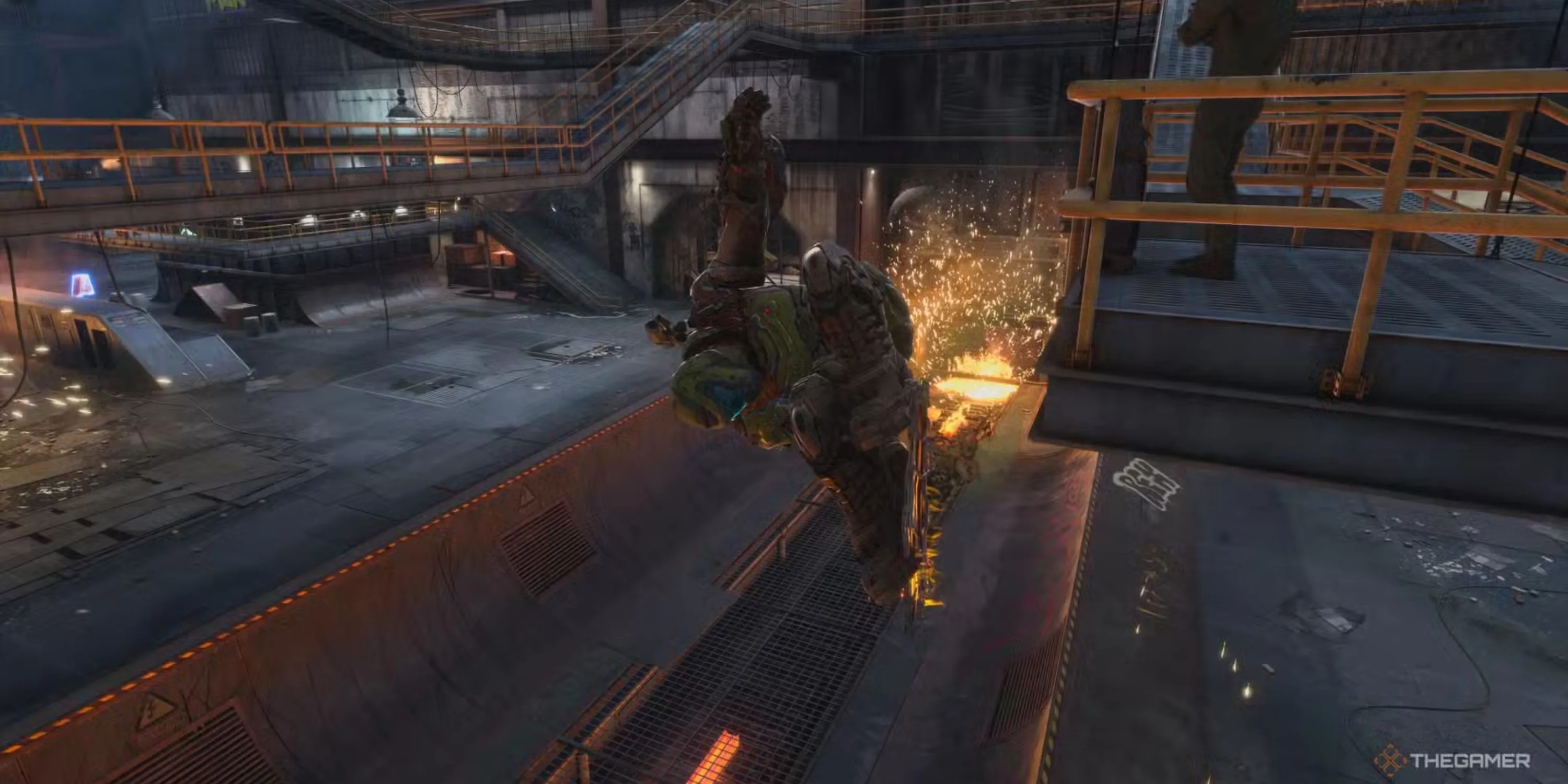 Doom Slayer thực hiện kỹ năng trượt ván ấn tượng tại khu vực Foundry trong Tony Hawk's Pro Skater 3+4