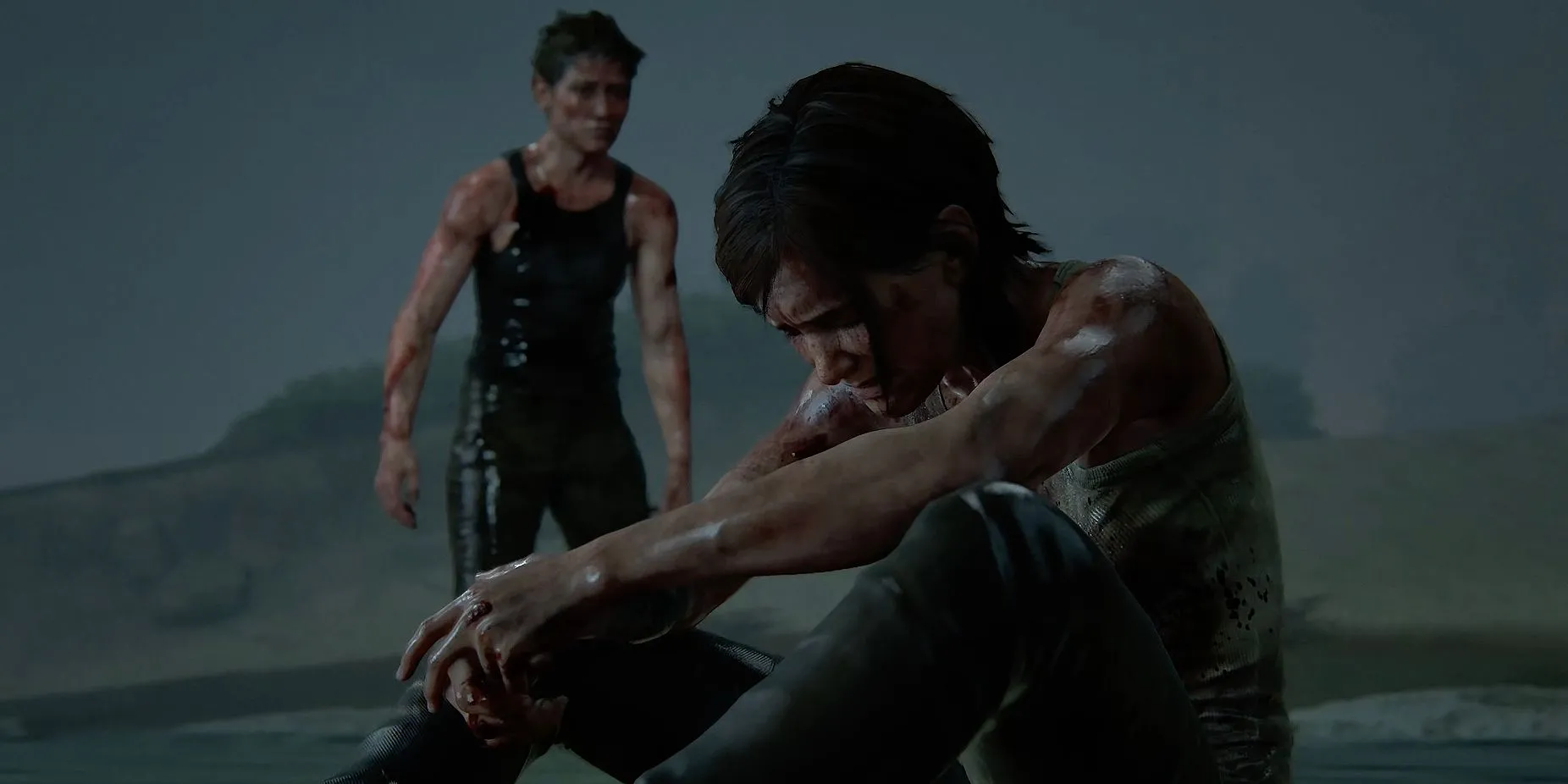 Ellie và Abby kiệt sức sau trận chiến đẫm máu cuối game The Last of Us Part 2, một cuộc đối đầu đầy cảm xúc.