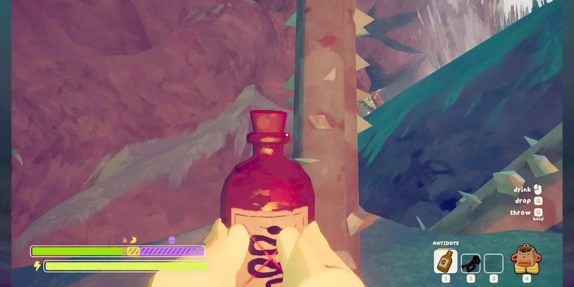 Game thủ PEAK cầm vật phẩm Antidote gần dây leo gai nhọn, biểu thị nguồn độc và phương pháp giải độc trong game.