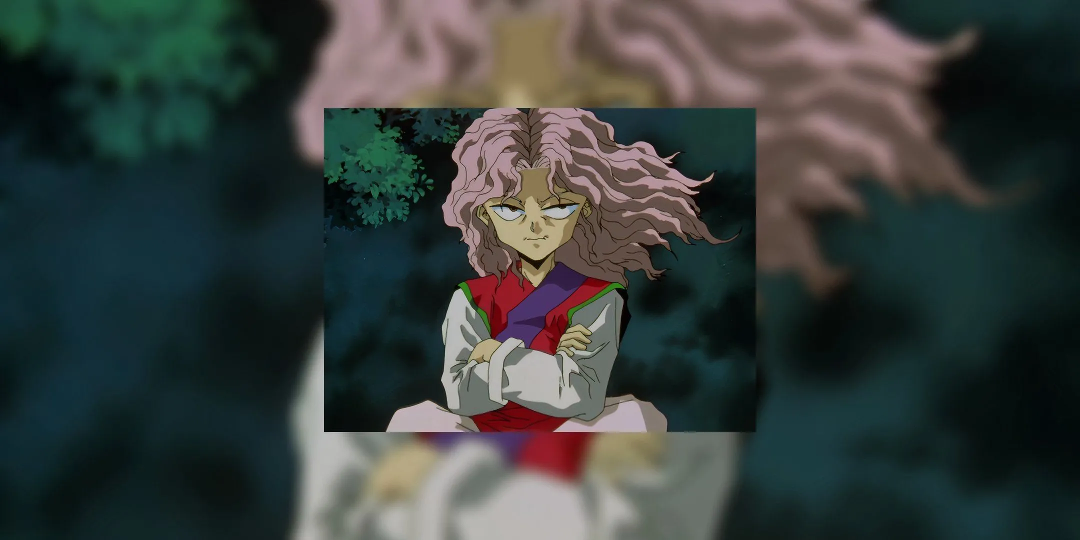 Genkai đứng hiên ngang với mái tóc bay trong gió từ Yu Yu Hakusho, toát lên vẻ mạnh mẽ của một võ sư.