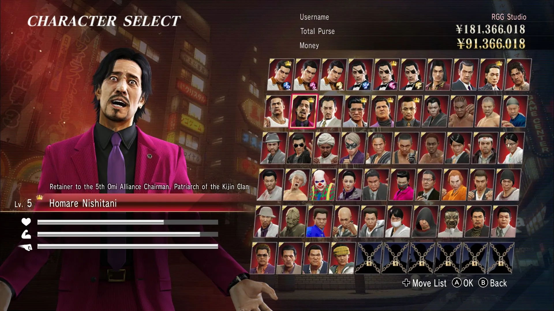 Giao diện chọn nhân vật trong chế độ Red Light Raid của Yakuza 0 Director's Cut, với nhiều lựa chọn đa dạng cho trải nghiệm hợp tác trực tuyến và ngoại tuyến.