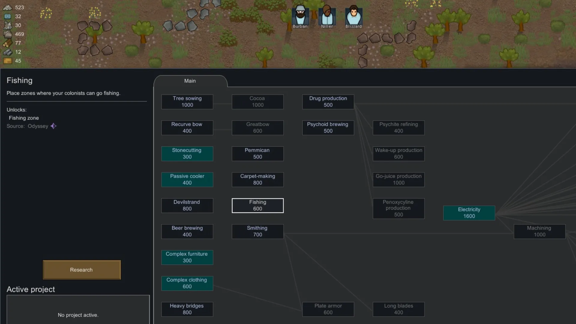 Giao diện nghiên cứu trong RimWorld Odyssey DLC, tập trung vào Fishing Node - điểm nghiên cứu quan trọng để mở khóa tính năng câu cá và tối ưu nguồn lương thực cho thuộc địa.
