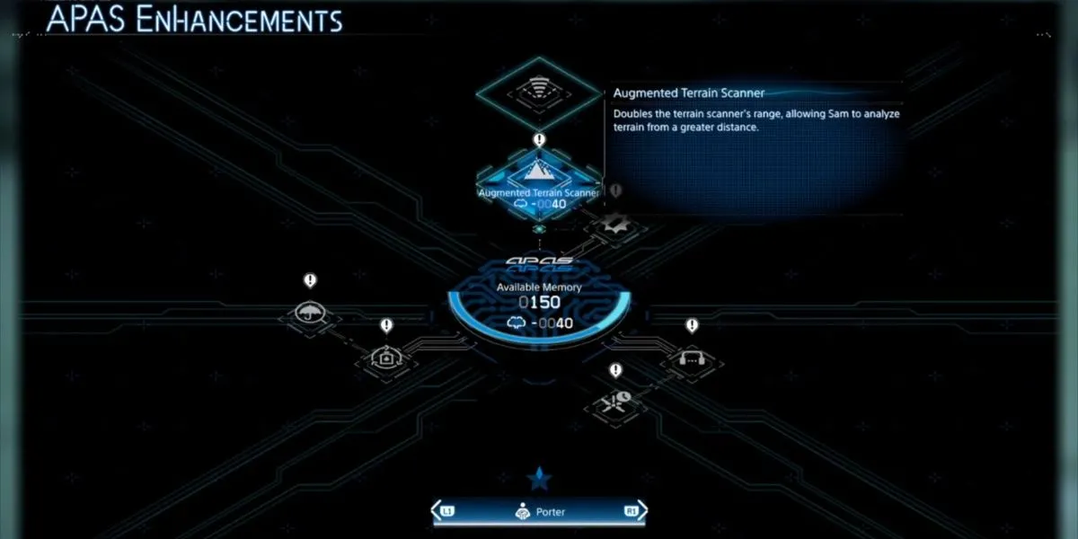 Giao diện Odradek với tầm quét địa hình được mở rộng nhờ kỹ năng Augmented Terrain Scanner trong Death Stranding 2, giúp Sam lập kế hoạch tuyến đường tốt hơn.