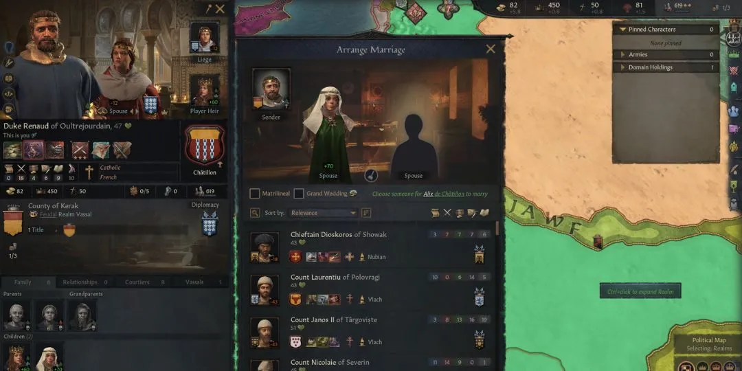 Giao diện quản lý hôn nhân trong Crusader Kings 3, minh họa yếu tố nhập vai chiến lược và các menu phức tạp của game.