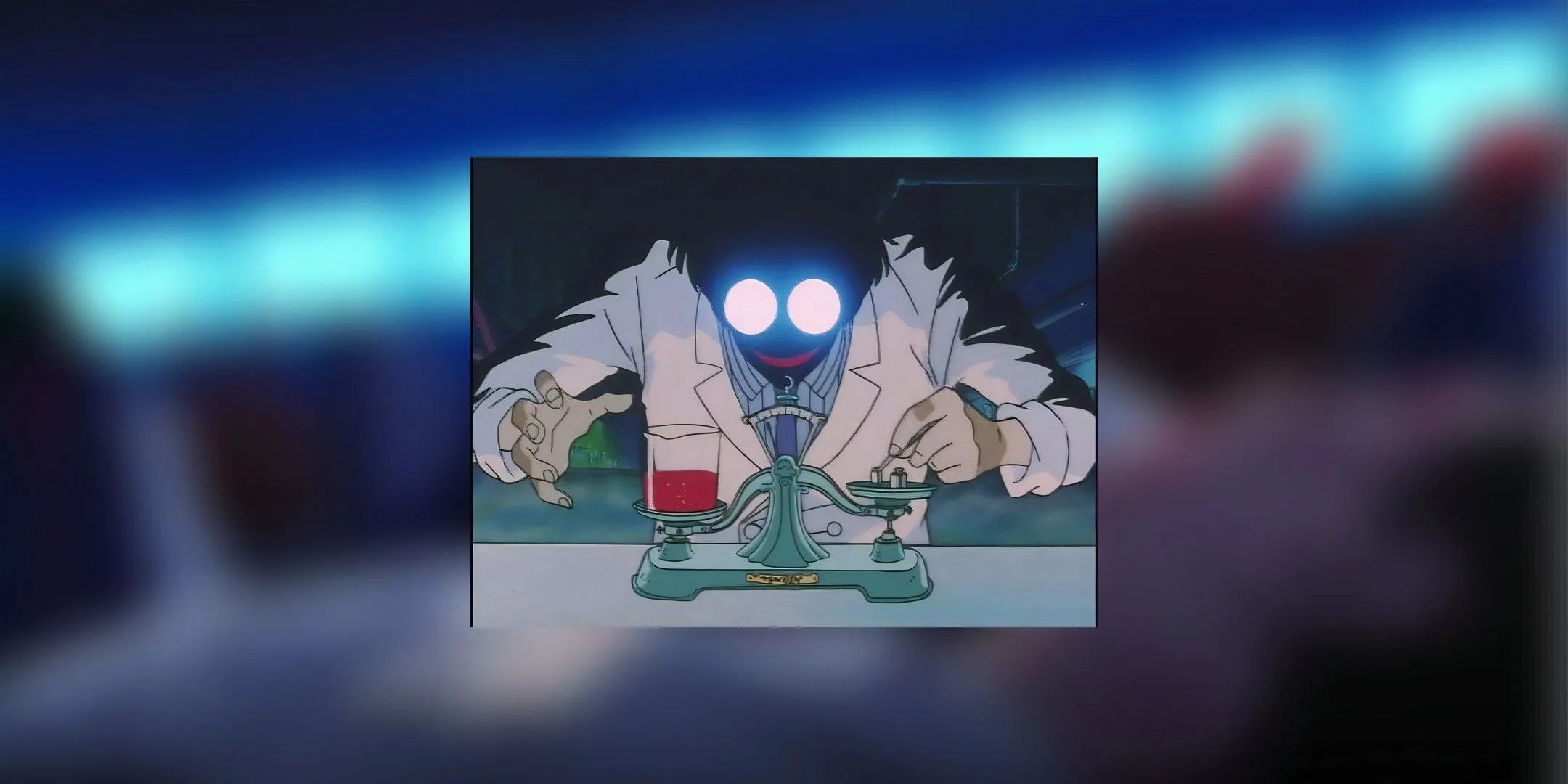 Giáo sư Tomoe đang làm thí nghiệm trong phòng lab trong Sailor Moon S, có ống nghiệm và cân.
