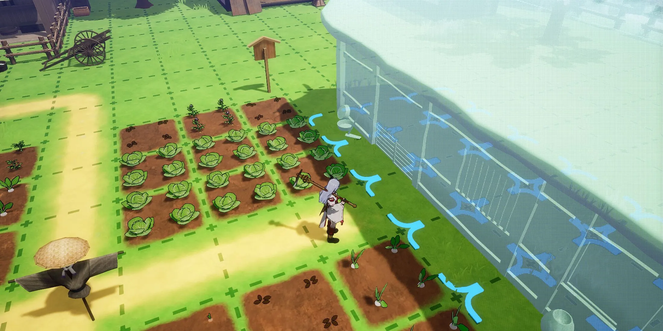 Góc nhìn cận cảnh hoạt động nông nghiệp trong Rune Factory Guardians of Azuma, cho thấy chi tiết quản lý trang trại