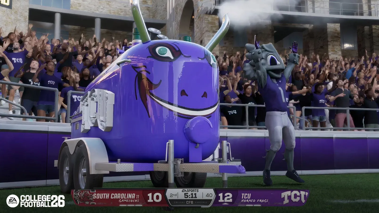 Góc nhìn cận cảnh một pha tranh chấp bóng trong College Football 26, cho thấy chi tiết đồ họa và công nghệ vật lý được áp dụng