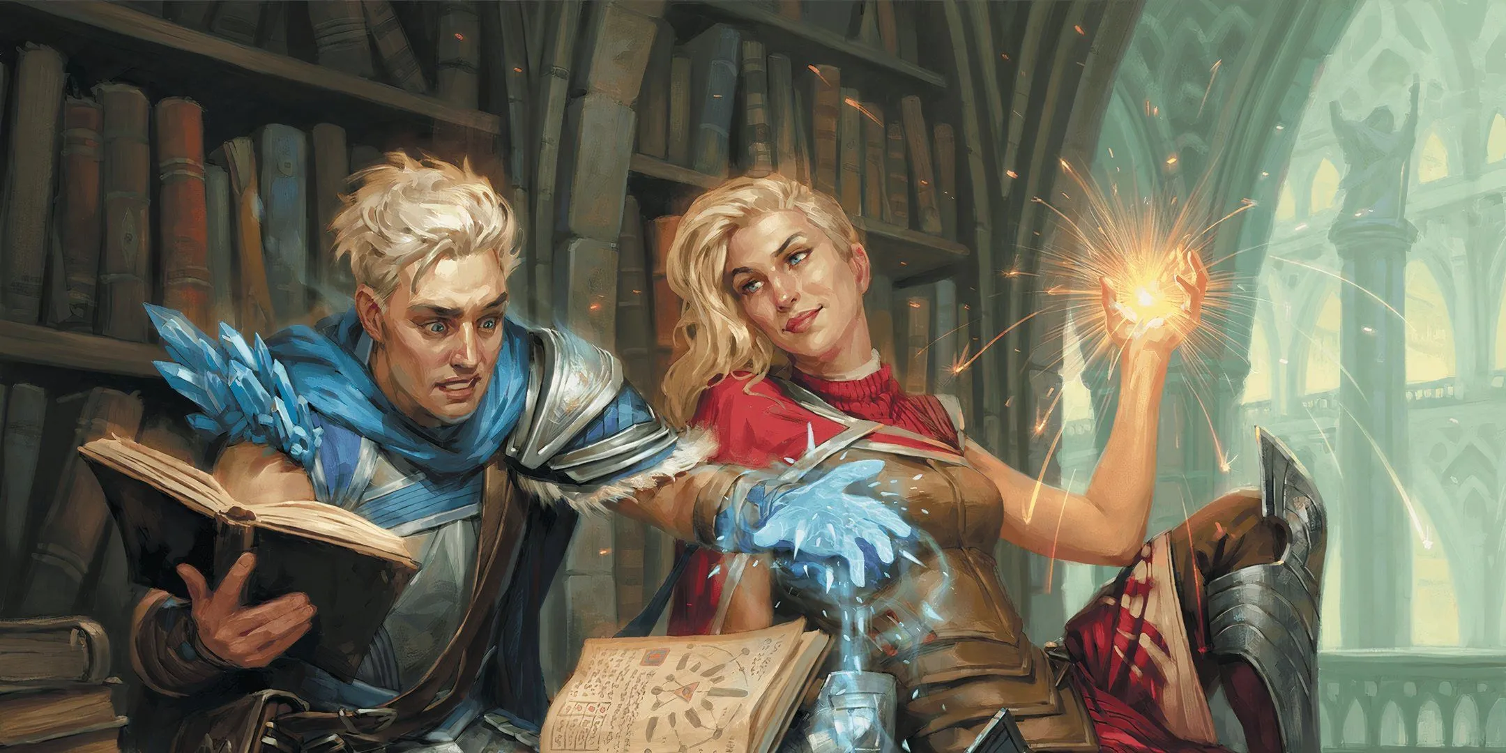 Hai học sinh tại Strixhaven đang học bài, hình ảnh ẩn dụ cho những hành động &quot;làm màu&quot; trong game D&amp;D