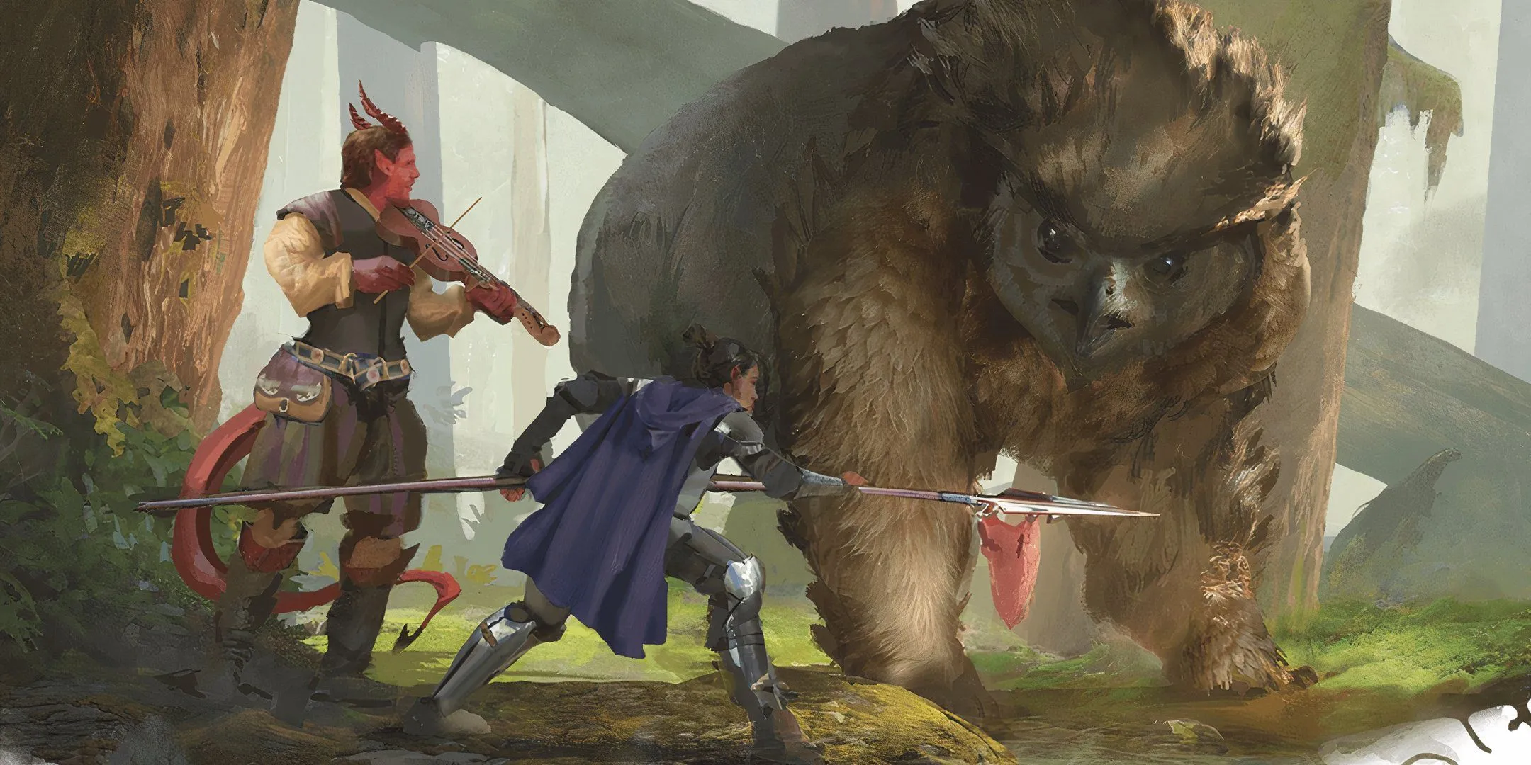 Hai nhà thám hiểm đang thương lượng với một owlbear trong Dungeons &amp; Dragons, thể hiện sự hợp tác của người chơi kỳ cựu.