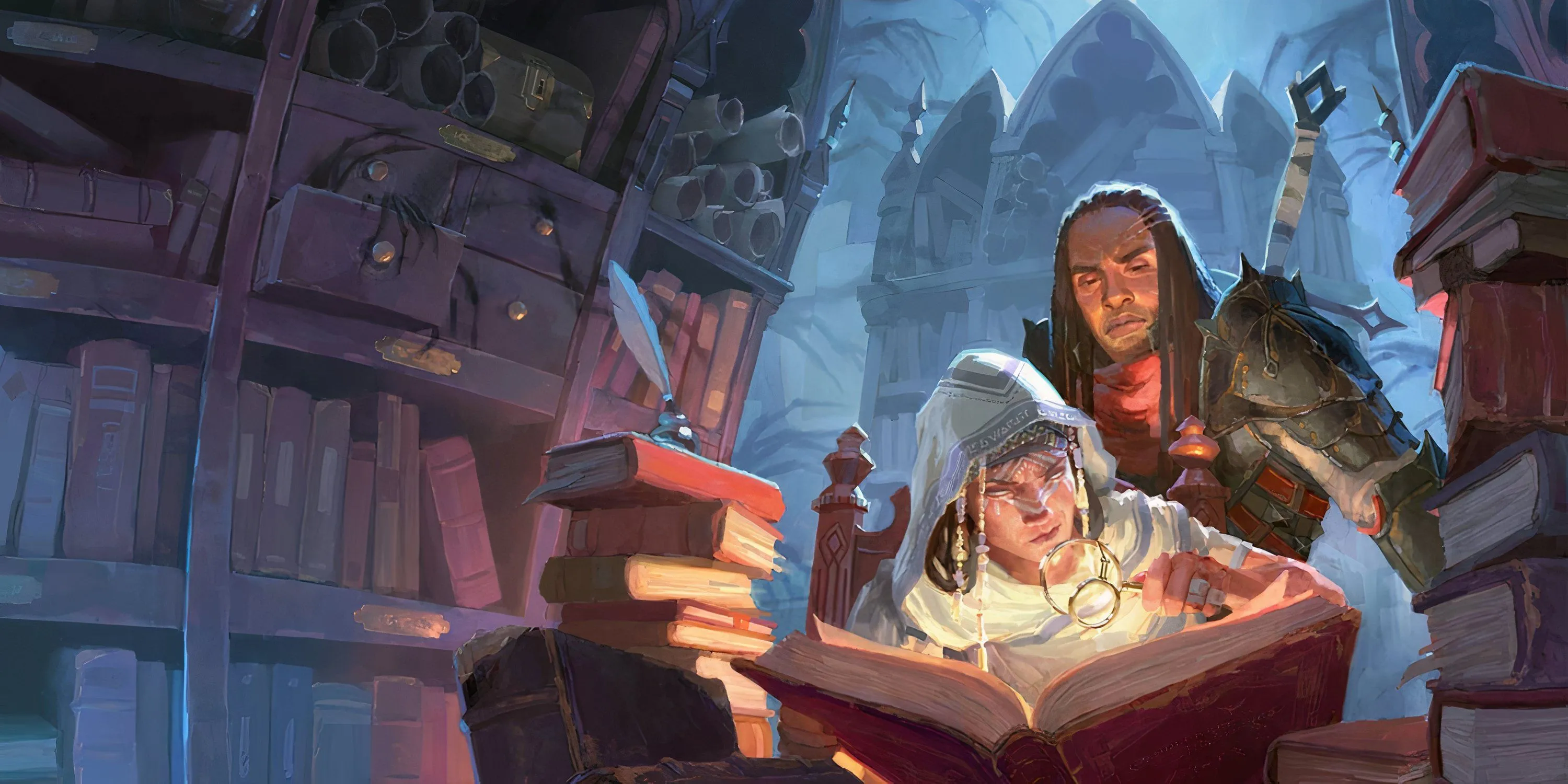 Hai pháp sư đang nghiên cứu một cuốn sách trong thư viện Dungeons &amp; Dragons, thể hiện sự kiên nhẫn và học hỏi.