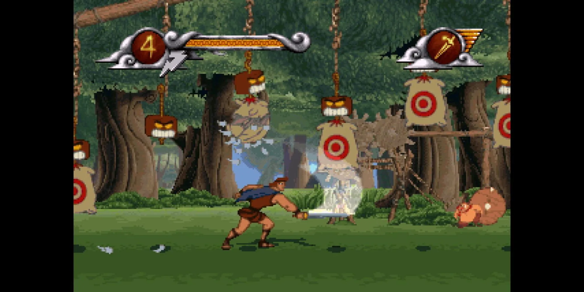 Hercules chiến đấu với quái vật trong game Disney's Hercules trên hệ máy PS1.