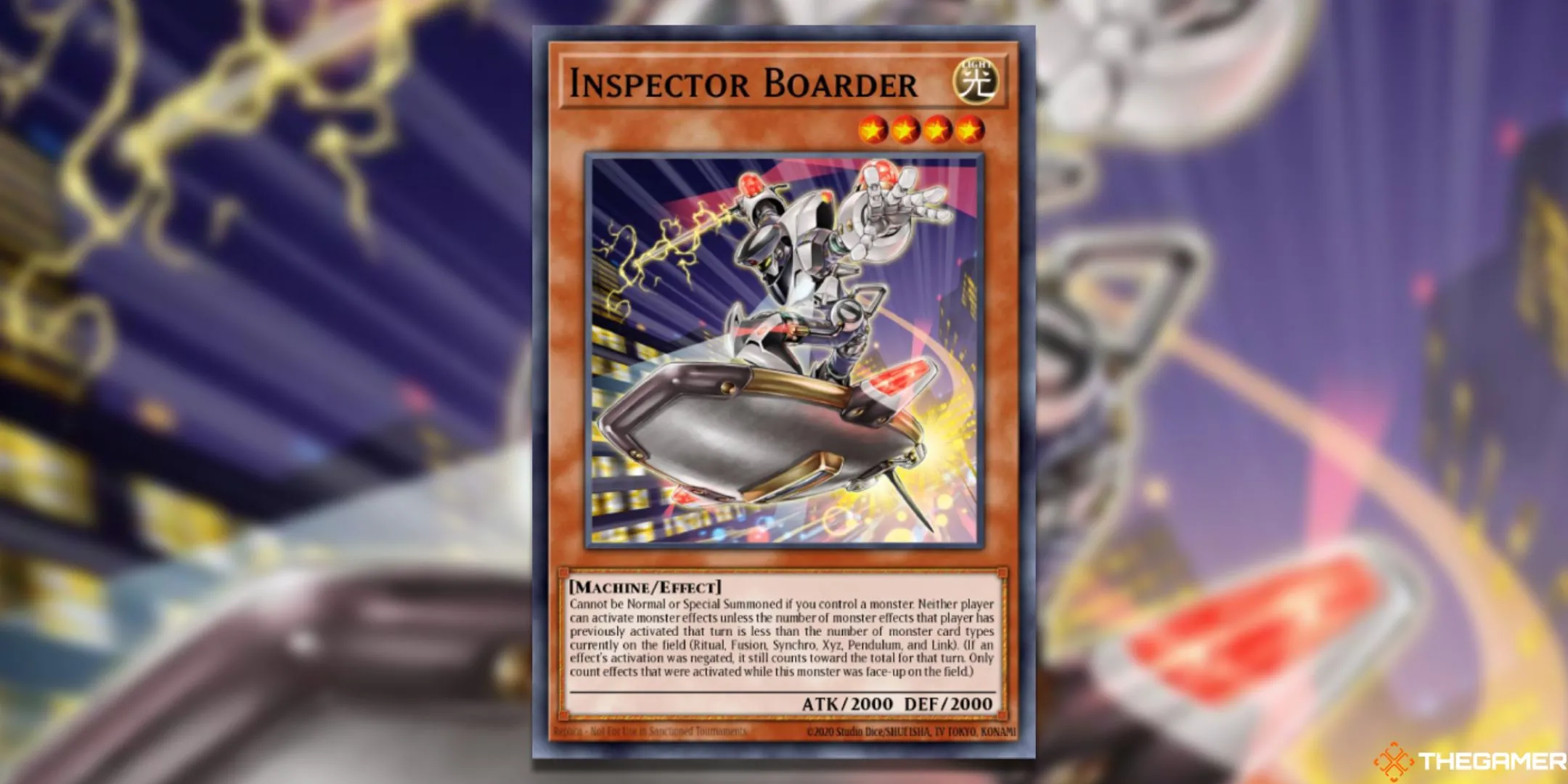 Hình ảnh lá bài Inspector Boarder trong Yu-Gi-Oh! TCG, một floodgate gây khó khăn trong việc theo dõi luật chơi.