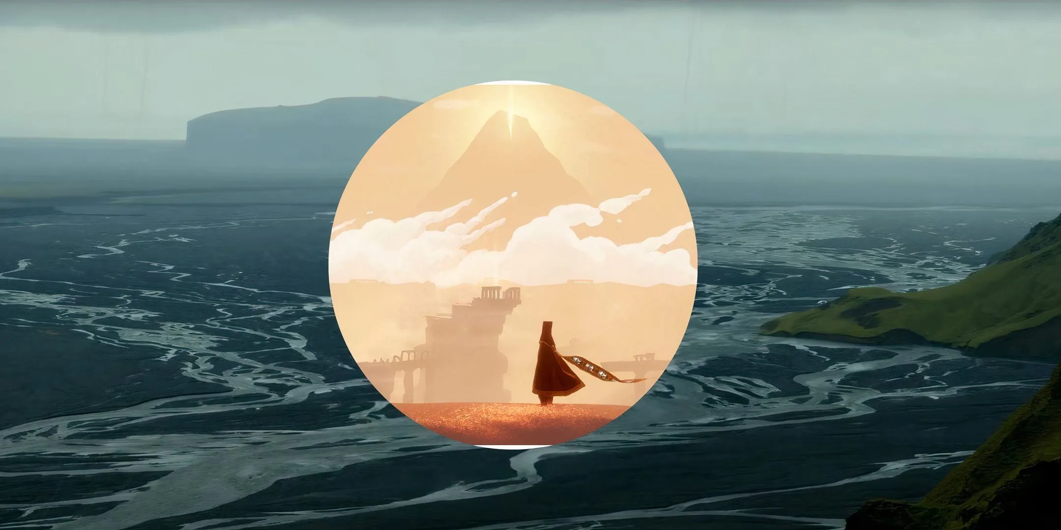 Hình ảnh minh họa bầu không khí giả tưởng trong game Journey và Death Stranding, hai tựa game đề cao trải nghiệm độc đáo và nhập vai phi truyền thống.