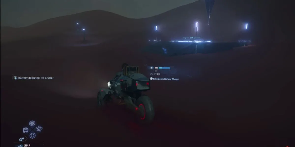 Hình ảnh Sam đang sử dụng kỹ năng Emergency Vehicle Charger để sạc pin cho xe, tối ưu hóa hành trình trong Death Stranding 2.