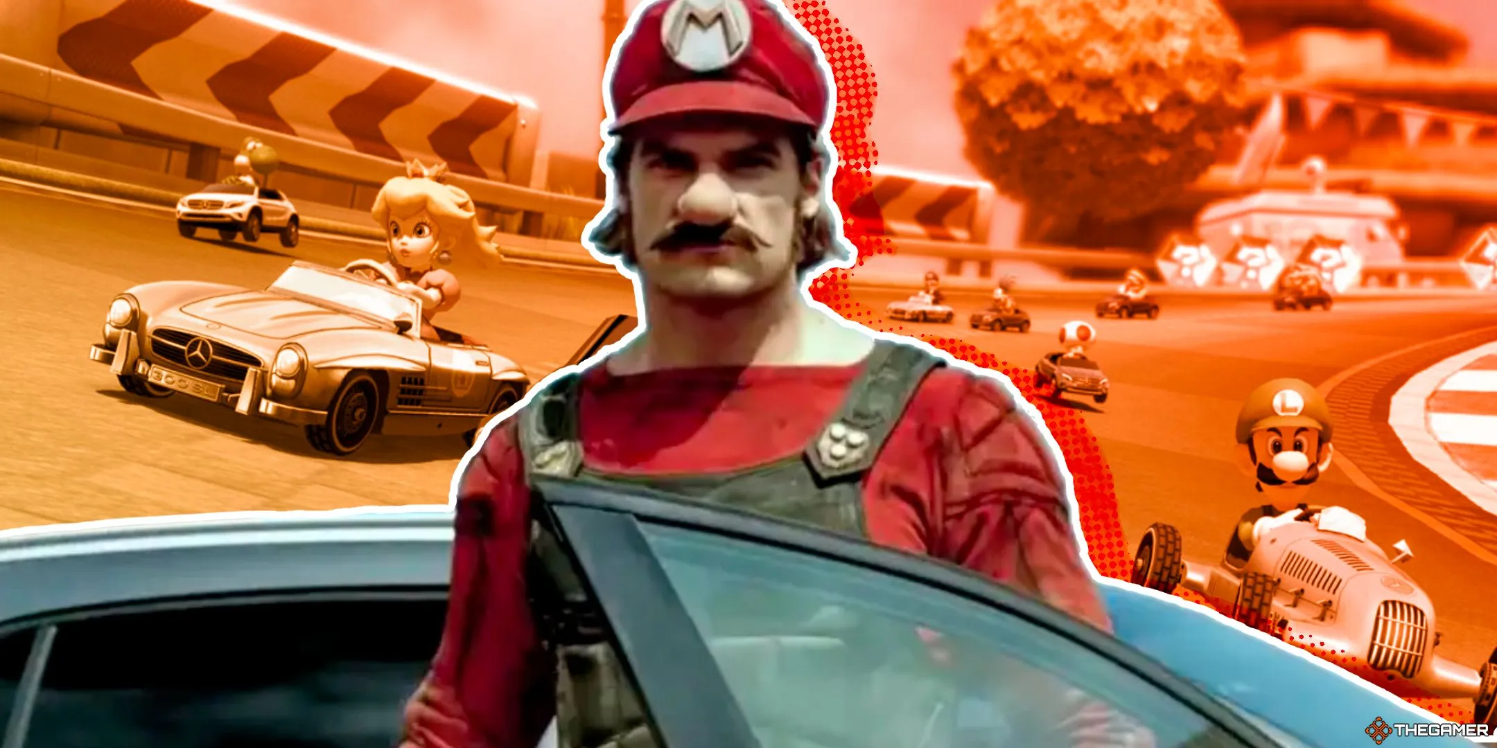 Hình ảnh so sánh giữa Mario ngoài đời thực và cảnh đua trong game Mario Kart 8, minh họa cho sự phi hiện thực của game.