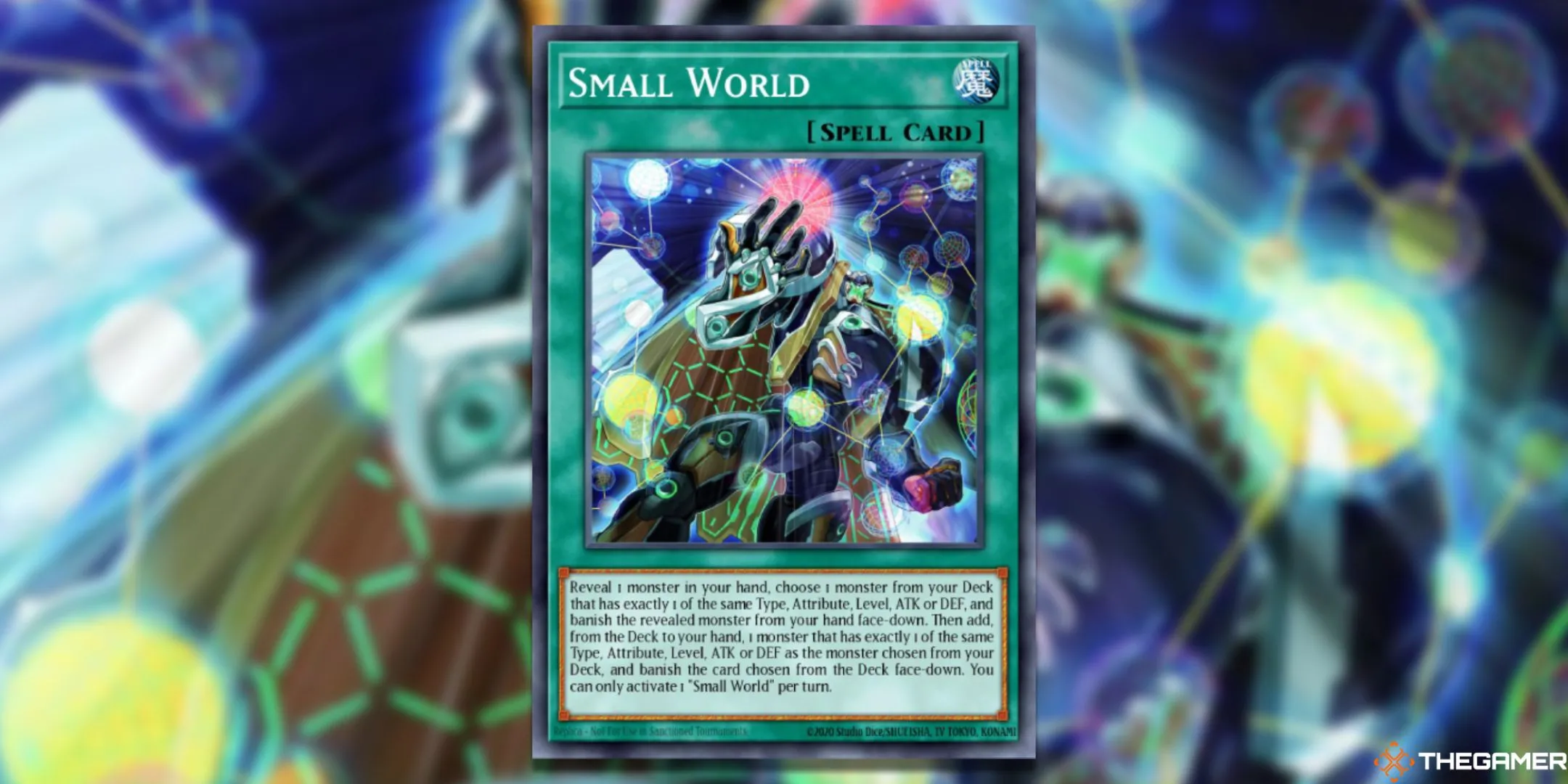 Hình ảnh thẻ bài Phép thuật Small World, một công cụ tìm kiếm quái vật đa năng nhưng có cơ chế phức tạp trong Yu-Gi-Oh!.