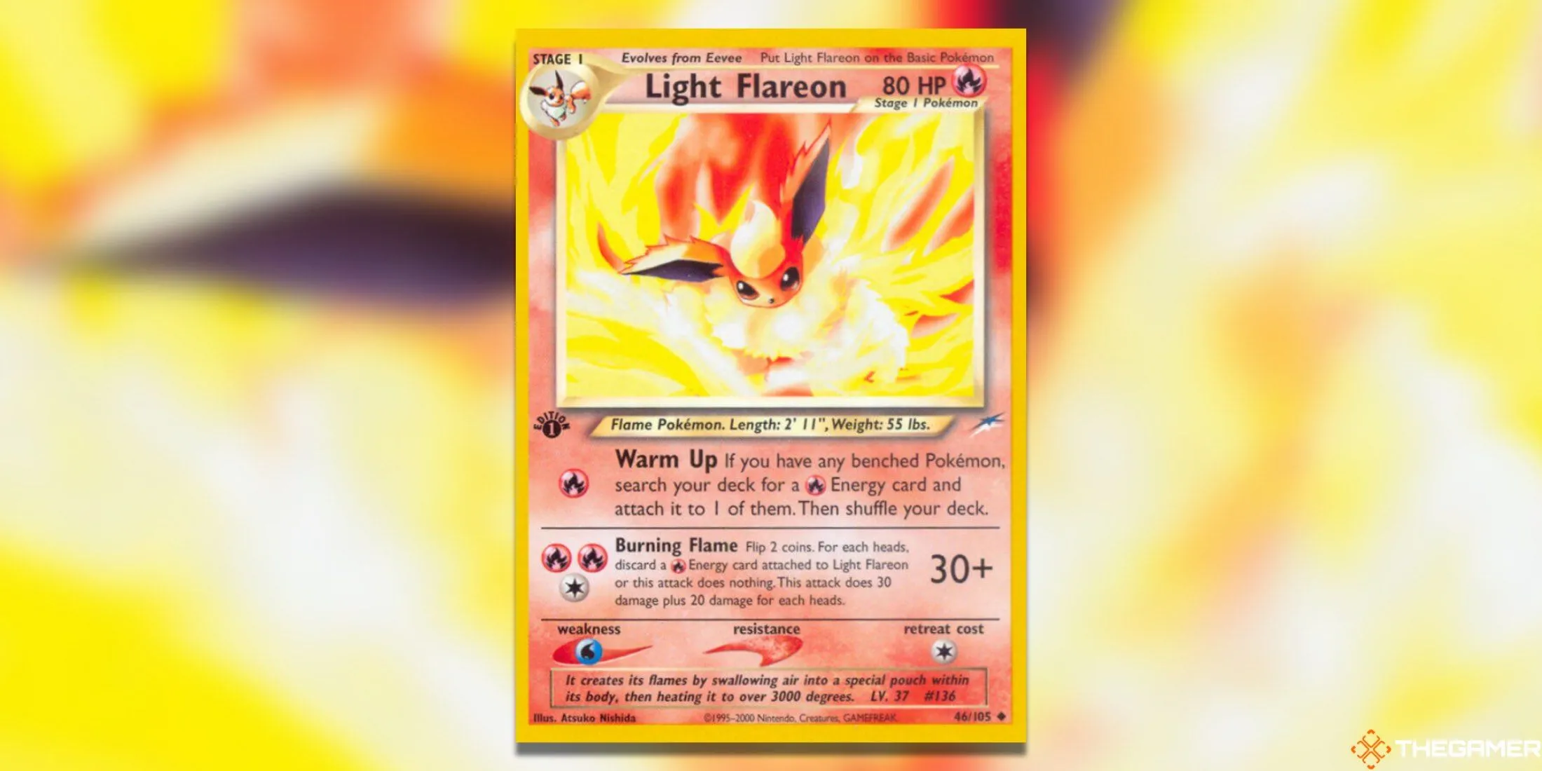 Hình ảnh thẻ bài Pokemon TCG Light Flareon Neo Destiny First Edition với ánh sáng rực rỡ